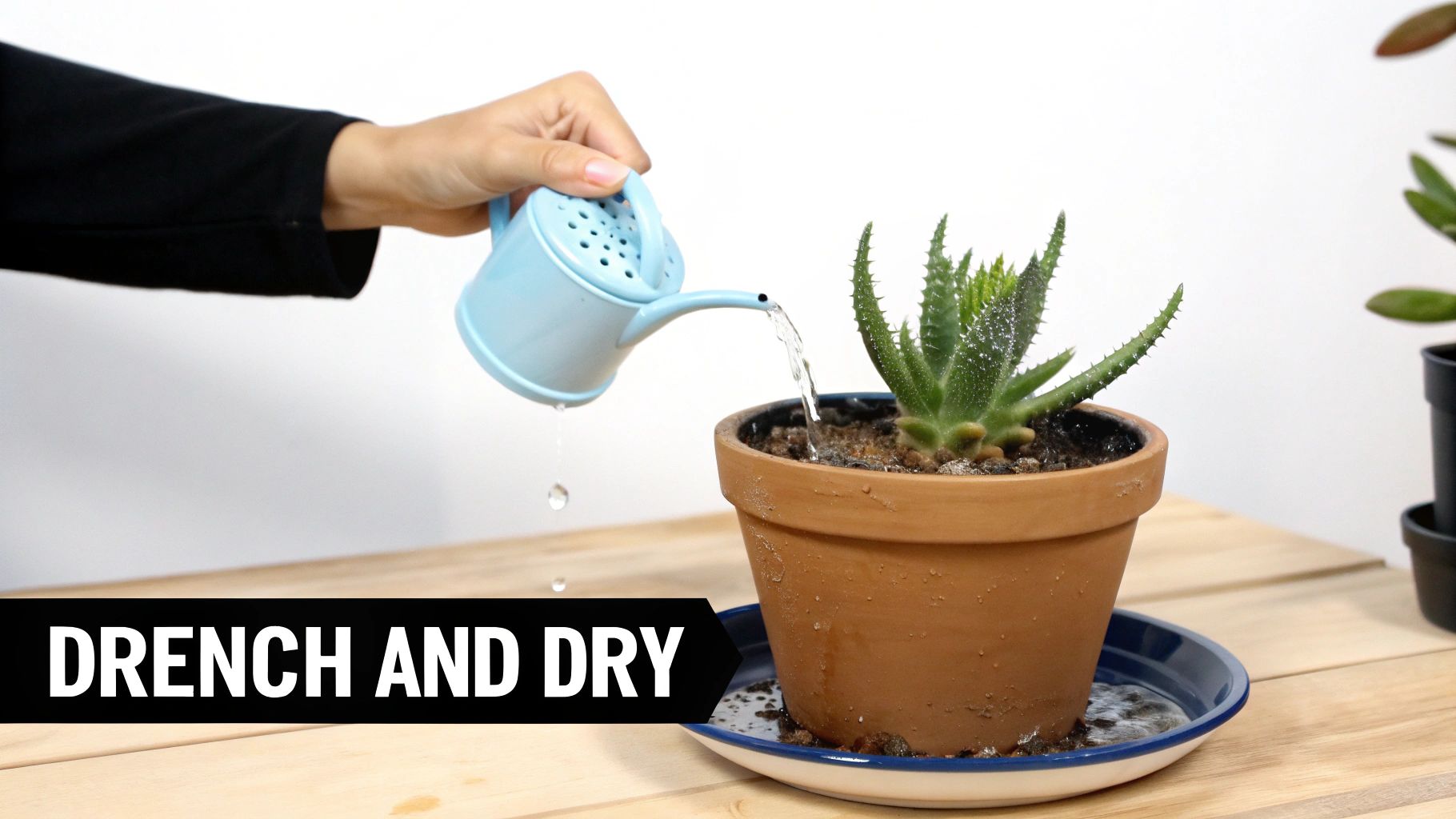 A hand waters a spiky green succulent in a terracotta pot with a blue can, illustrating 'Drench and Dry' method.