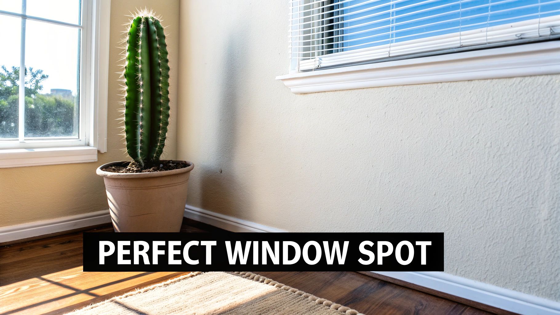 A tall, spiny cactus thrives in a terracotta pot by a sunlit window, showcasing a perfect spot.