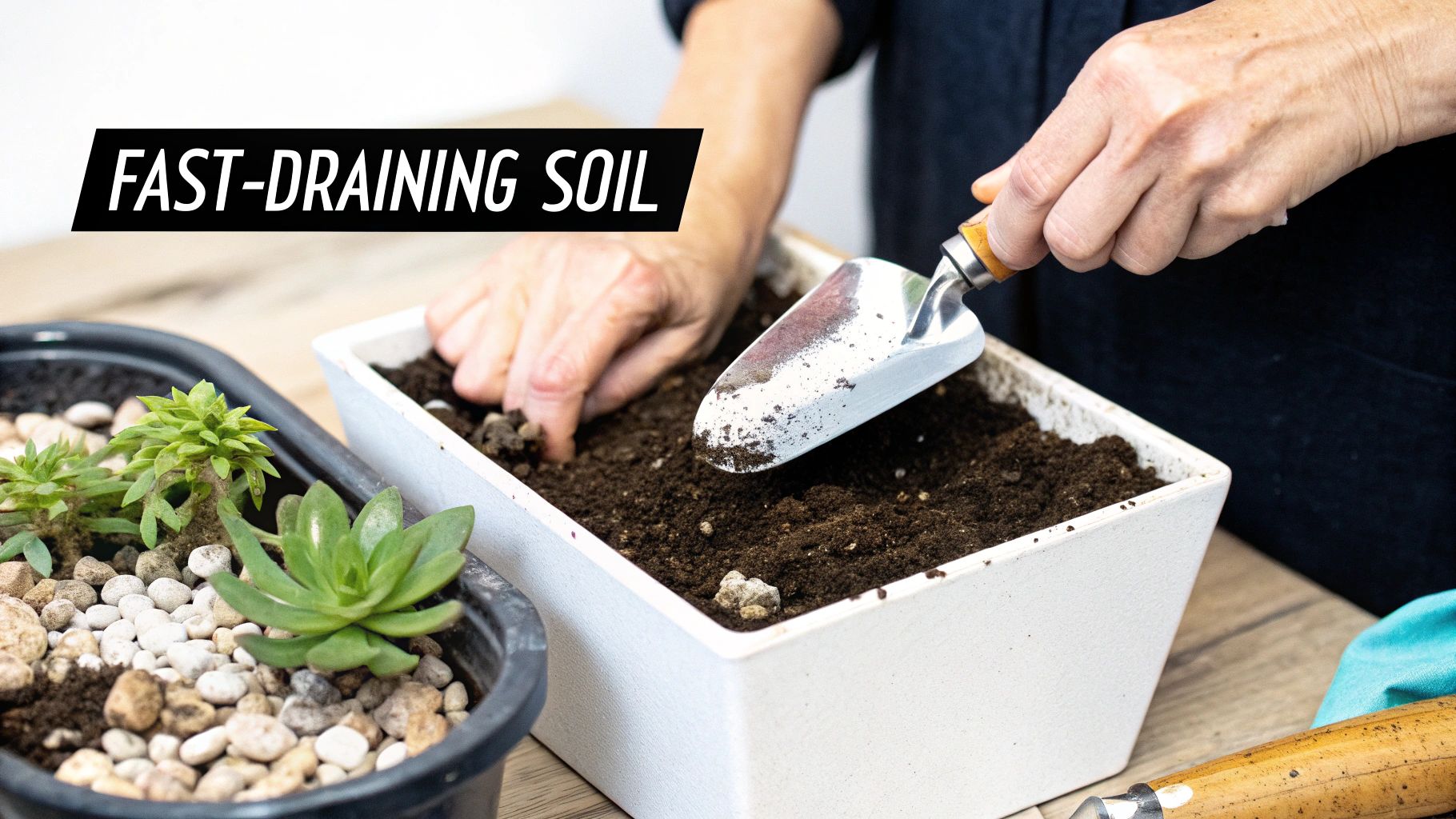 A person's hands use a trowel to add succulent mix to pots with various succulents.