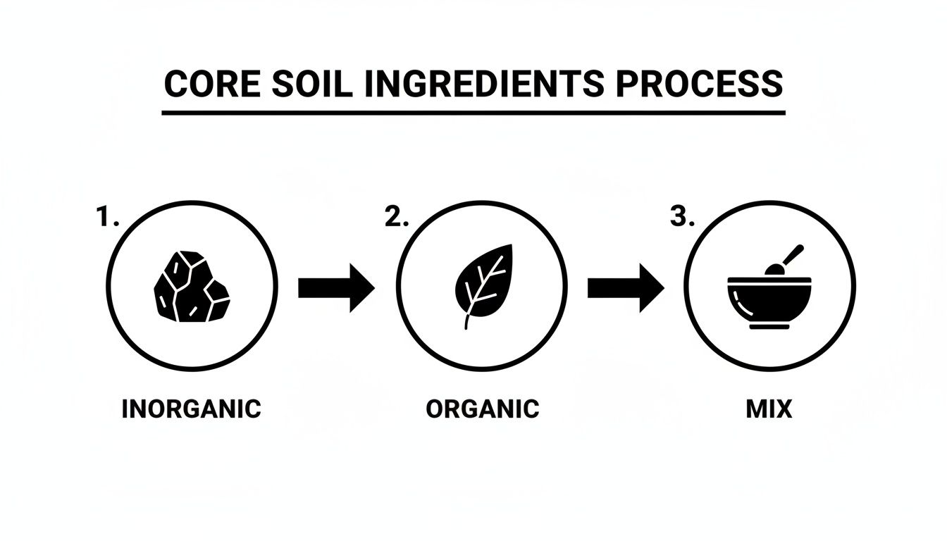 A three-step diagram illustrating the core soil ingredients process: inorganic, organic, then mix.