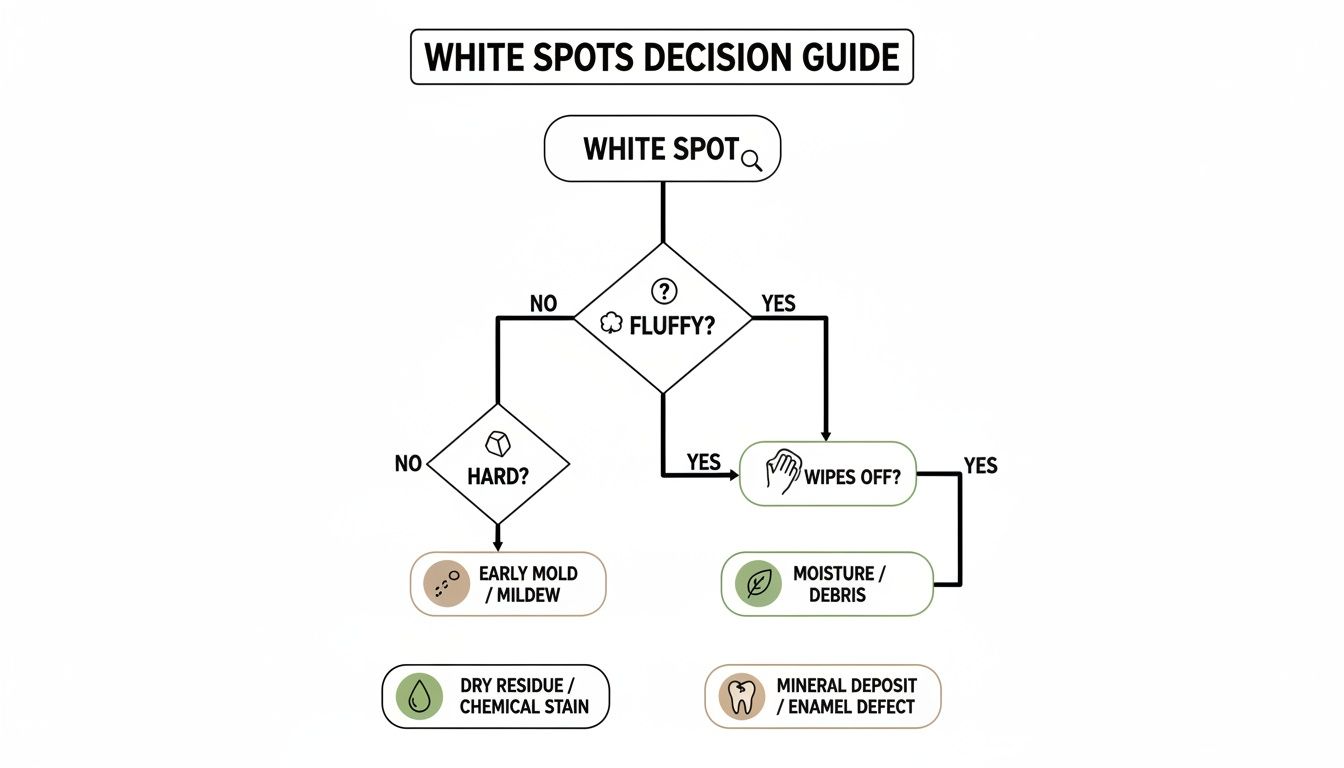 Flowchart decision guide for identifying white spots, asking about fluffiness, hardness, and if it wipes off.