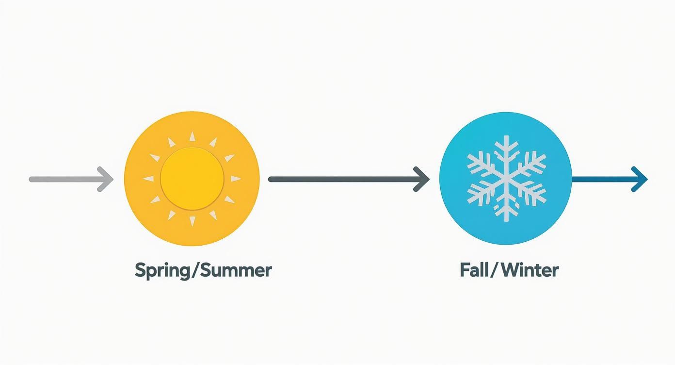 A diagram illustrates the seasonal progression from Spring/Summer (sun icon) to Fall/Winter (snowflake icon).