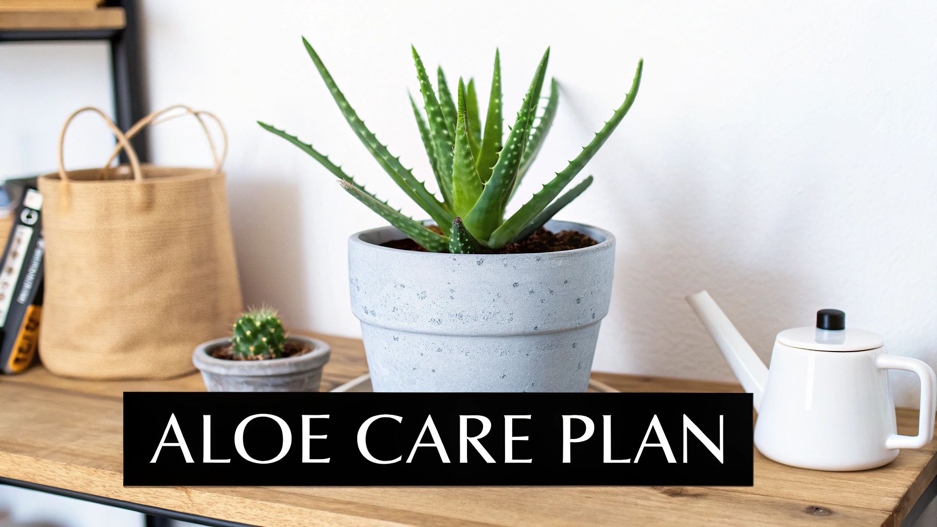 Aloe vera plant, small cactus, and watering can on a wooden shelf. Text: ALOE CARE PLAN.