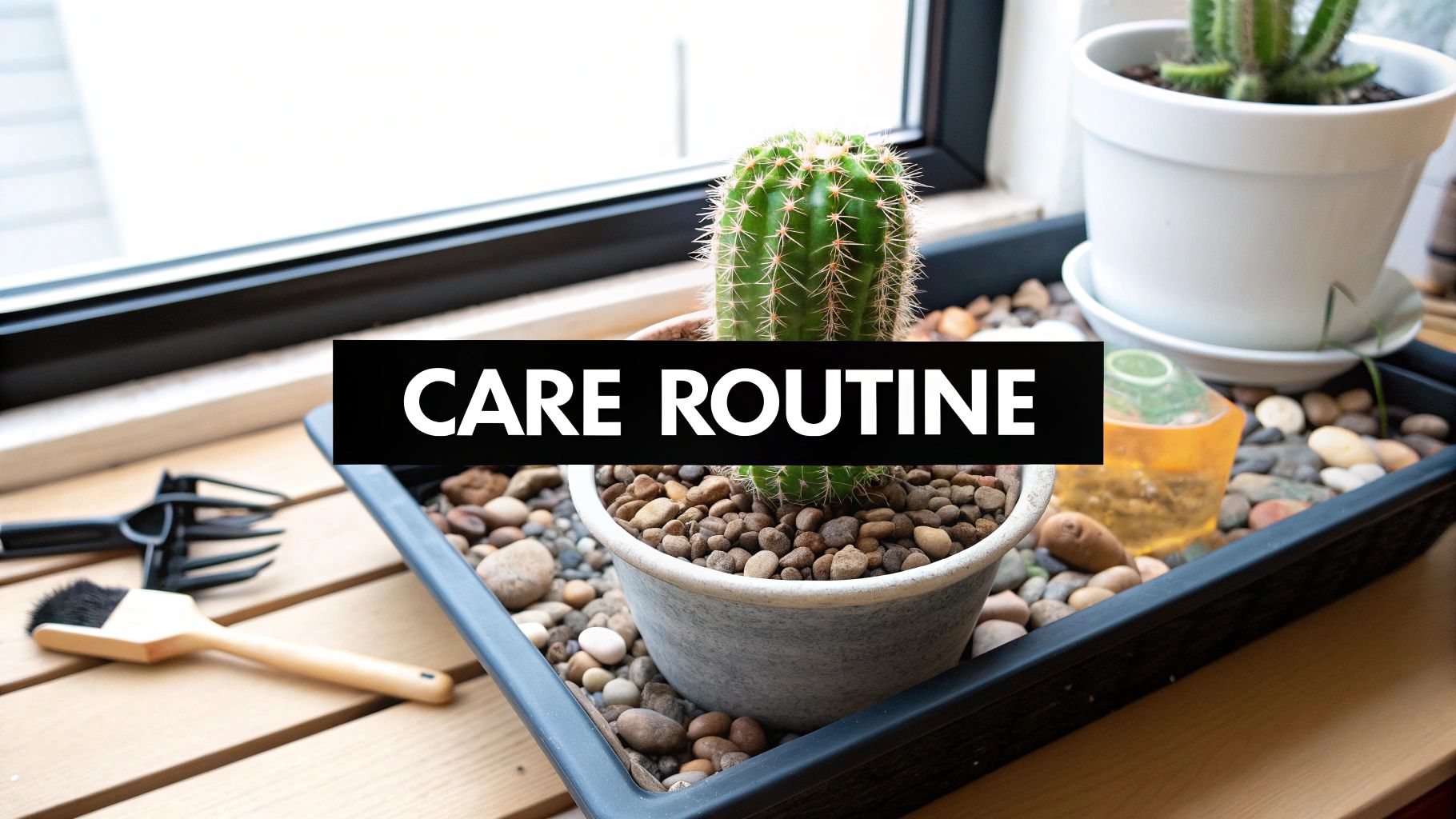 Two potted cactus plants and small gardening tools on a windowsill, with a 'CARE ROUTINE' banner.