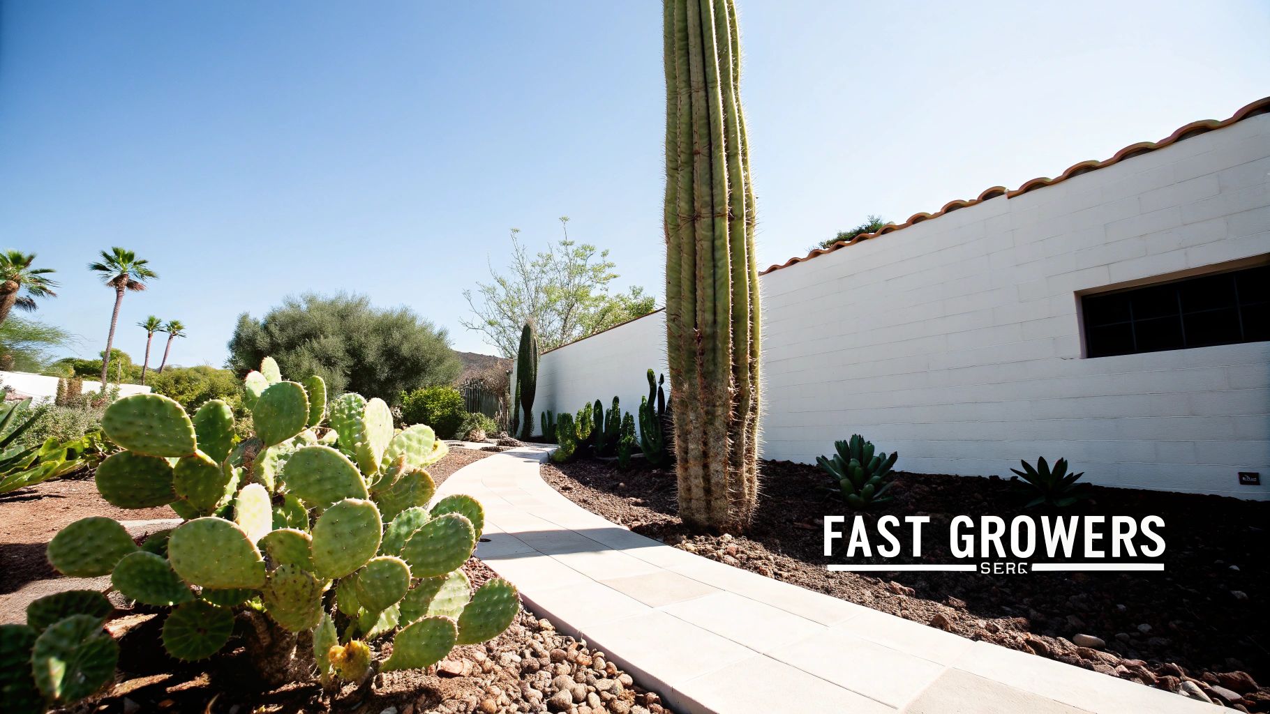 A sunny desert landscape featuring a paved path, a tall saguaro, prickly pear cacti, and a white building.