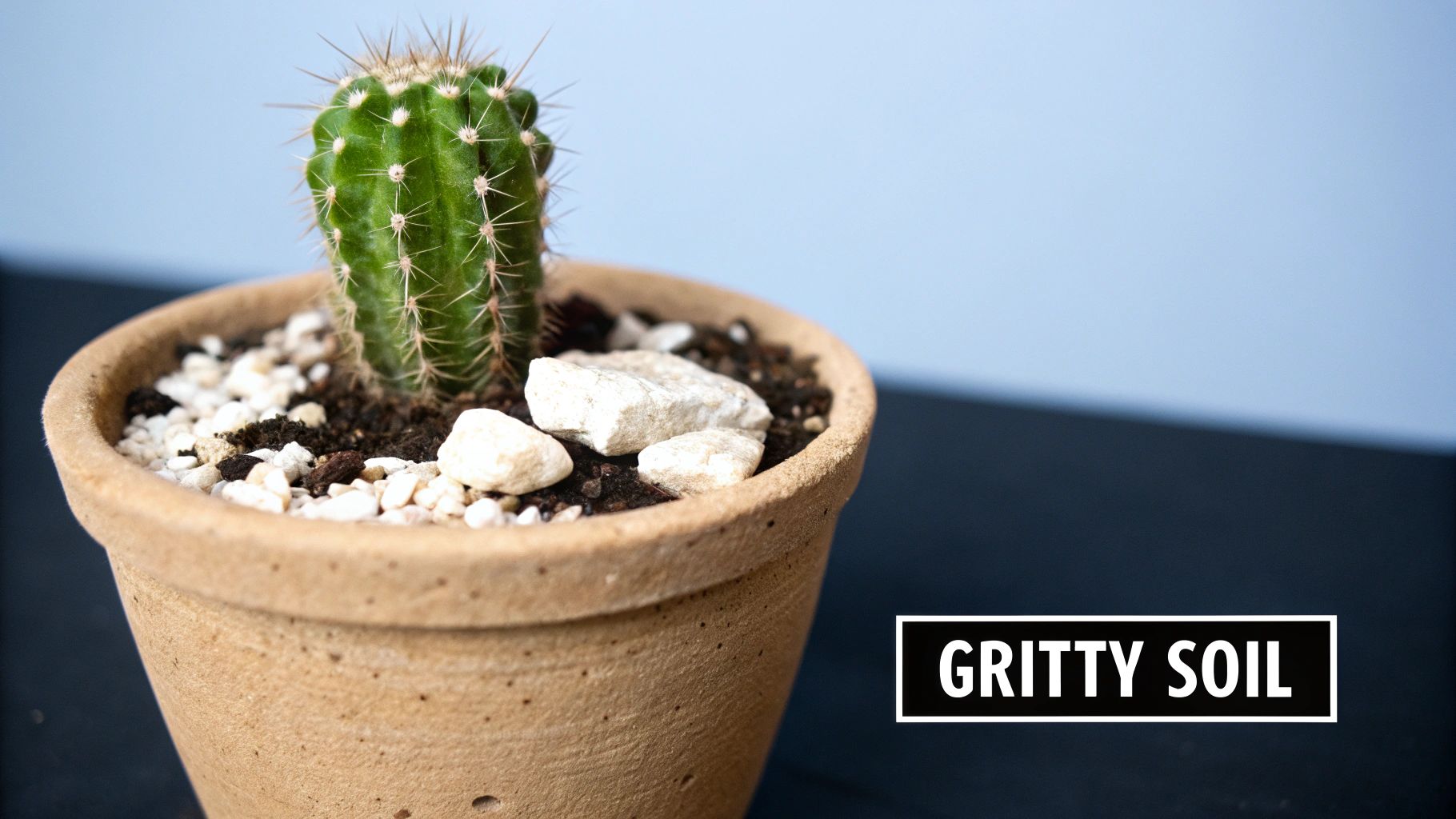 A person potting a small cactus into a terracotta pot with gritty soil mix