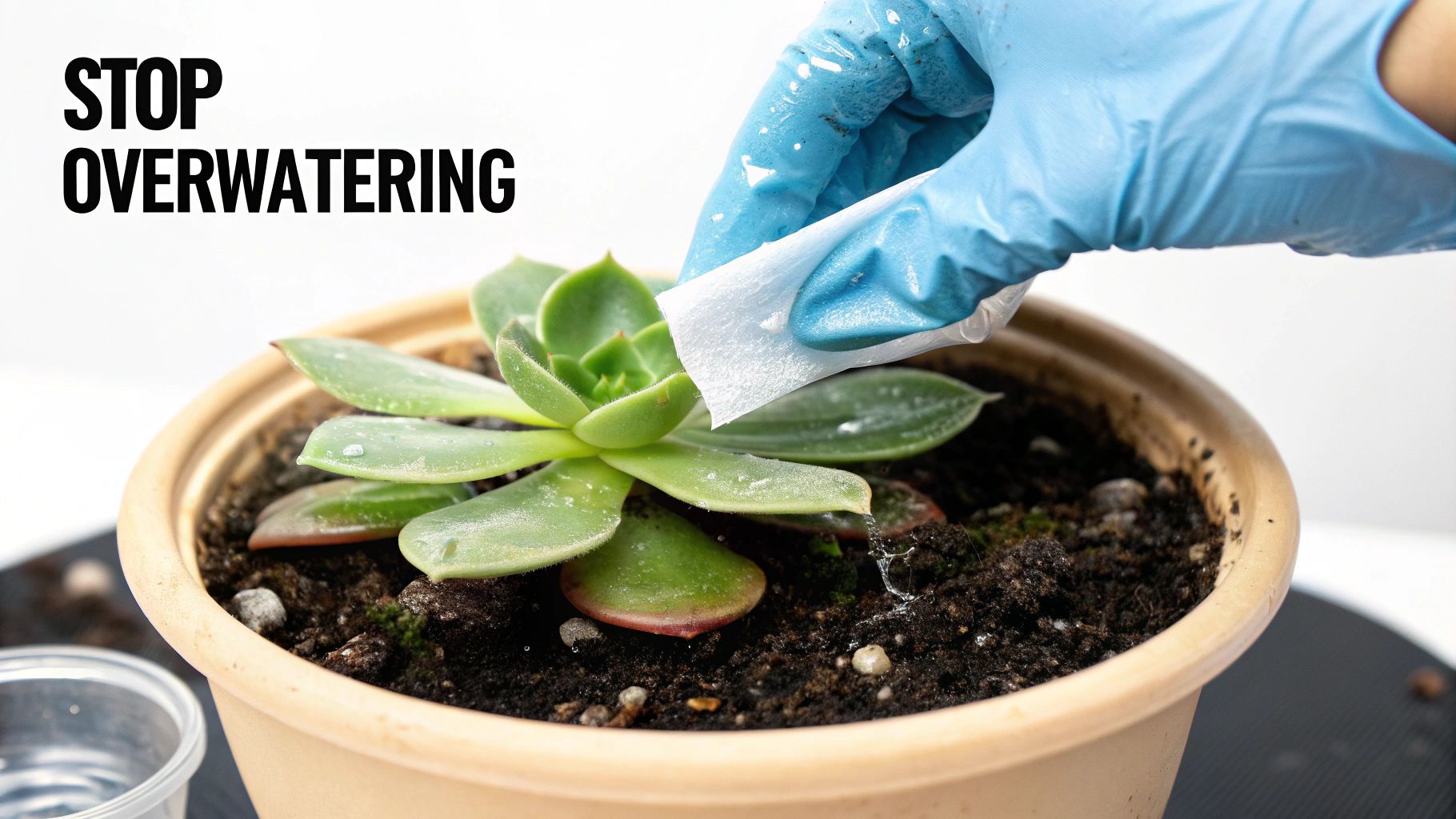 A gloved hand wiping excess water from a succulent plant in a pot, highlighting 'STOP OVERWATERING'.