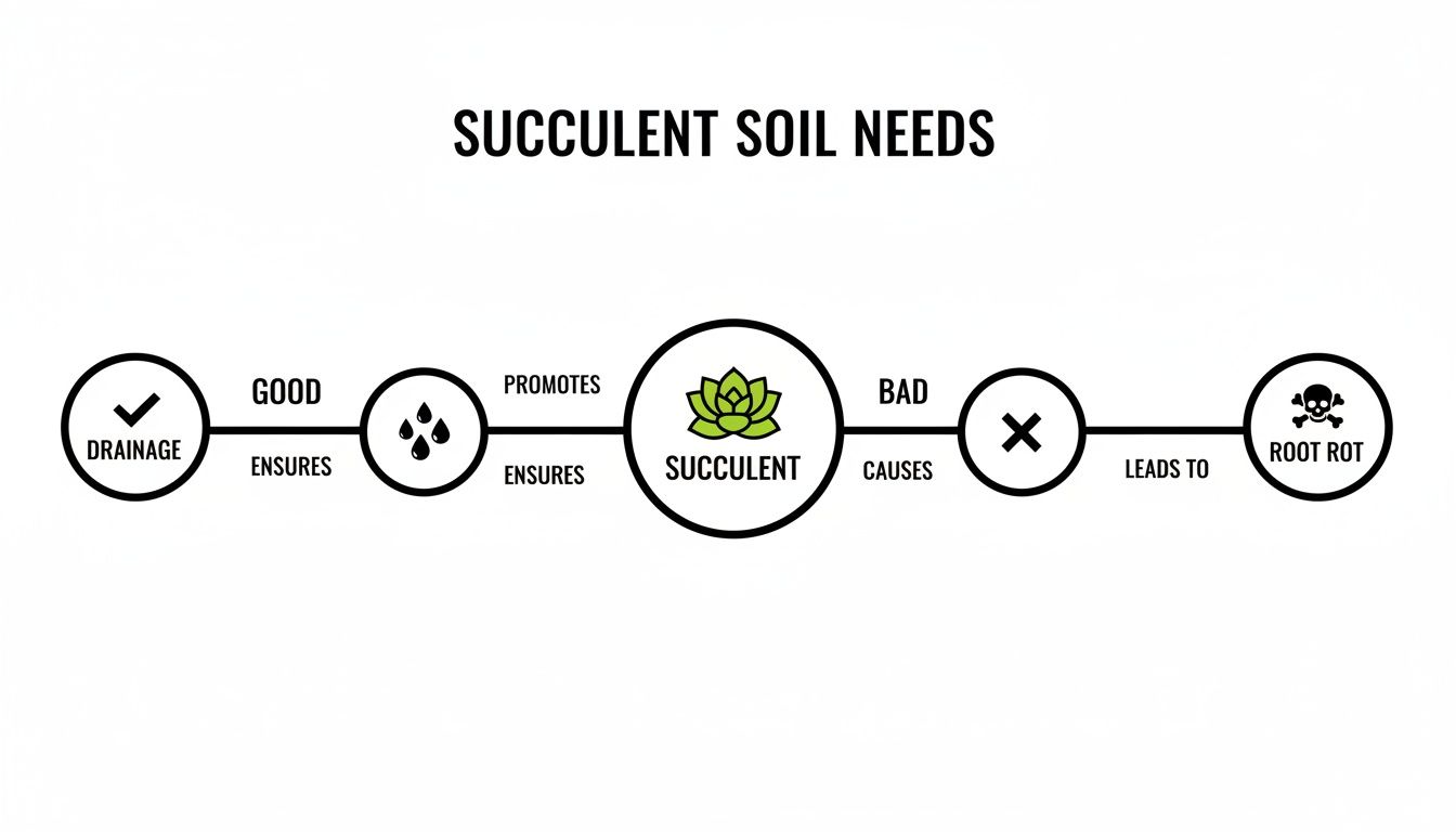 Diagram illustrating succulent soil needs: good drainage promotes healthy succulents, while bad conditions lead to root rot.