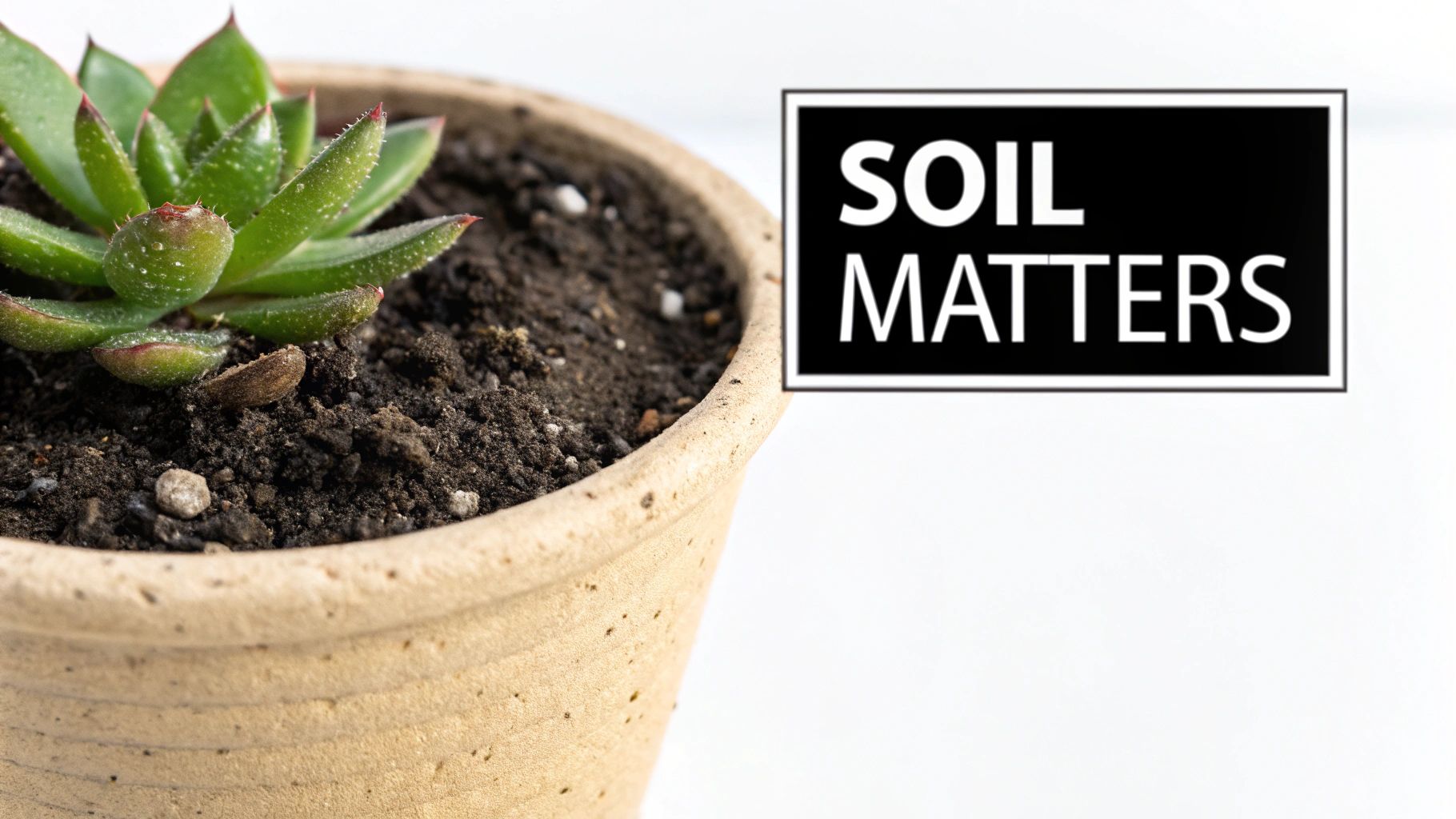 A vibrant green succulent plant in a terracotta pot with dark soil, with a black 'SOIL MATTERS' sign.