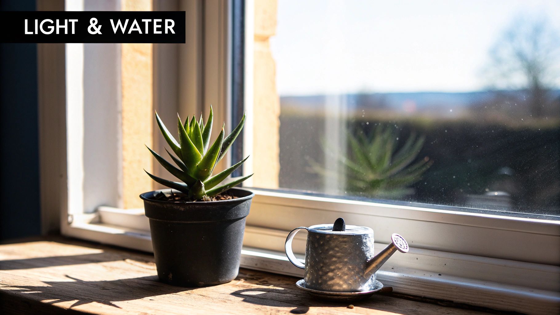 A potted succulent plant and a small metal watering can on a sunlit wooden windowsill.