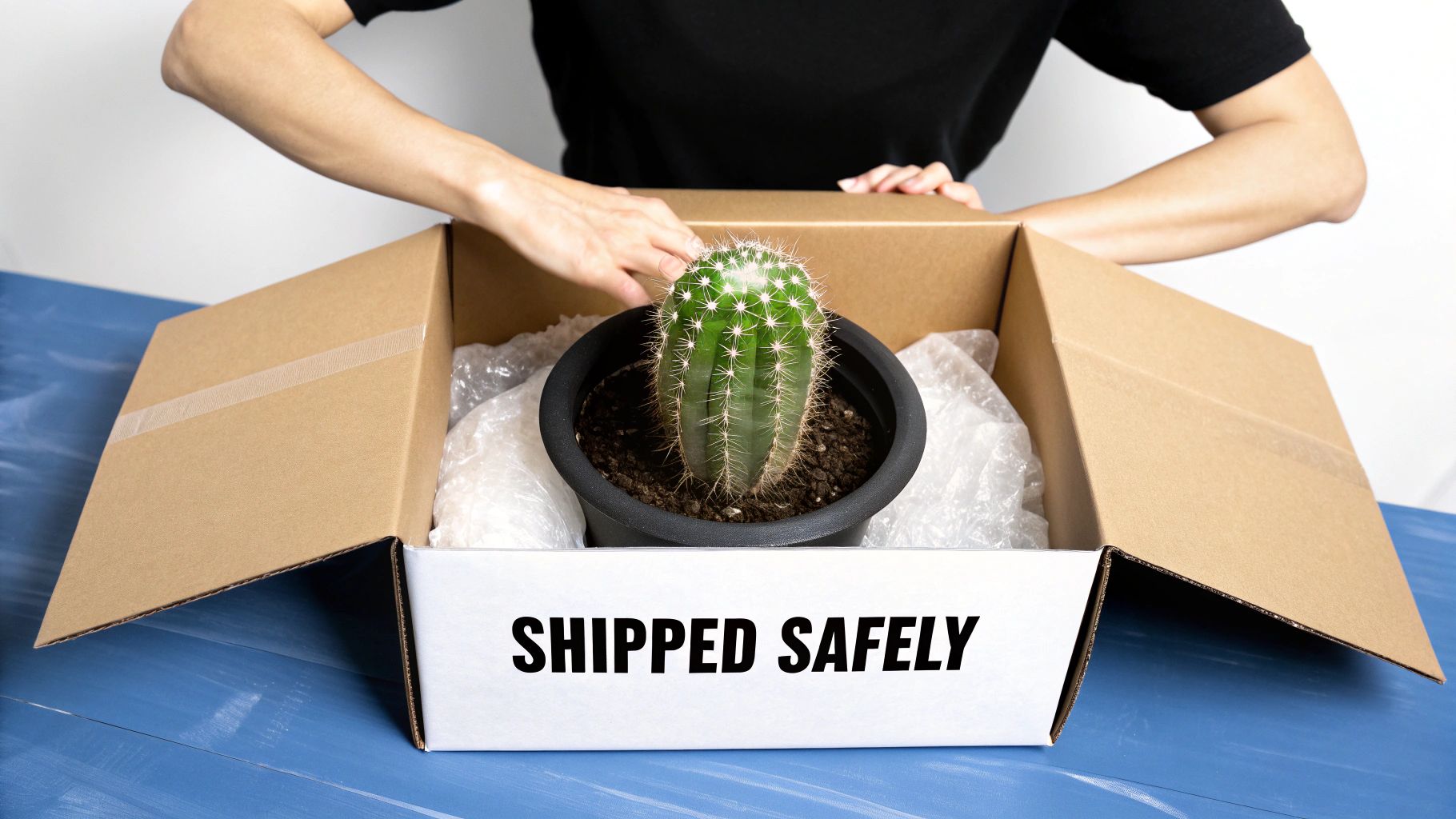 A person unpacks a potted cactus from a cardboard box, cushioned with bubble wrap, displaying 'SHIPPED SAFELY'.