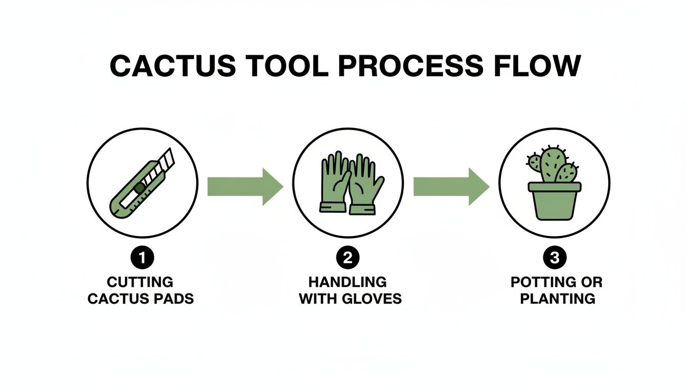 A three-step process flow illustrating how to cut, handle, and pot cactus pads safely.