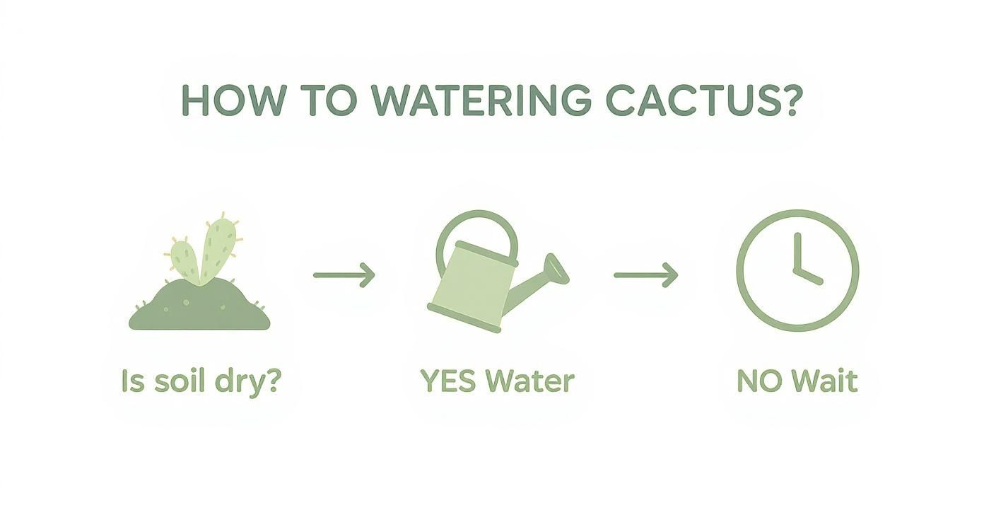 An infographic flowchart demonstrating how to water a cactus: check if soil is dry, then water or wait.