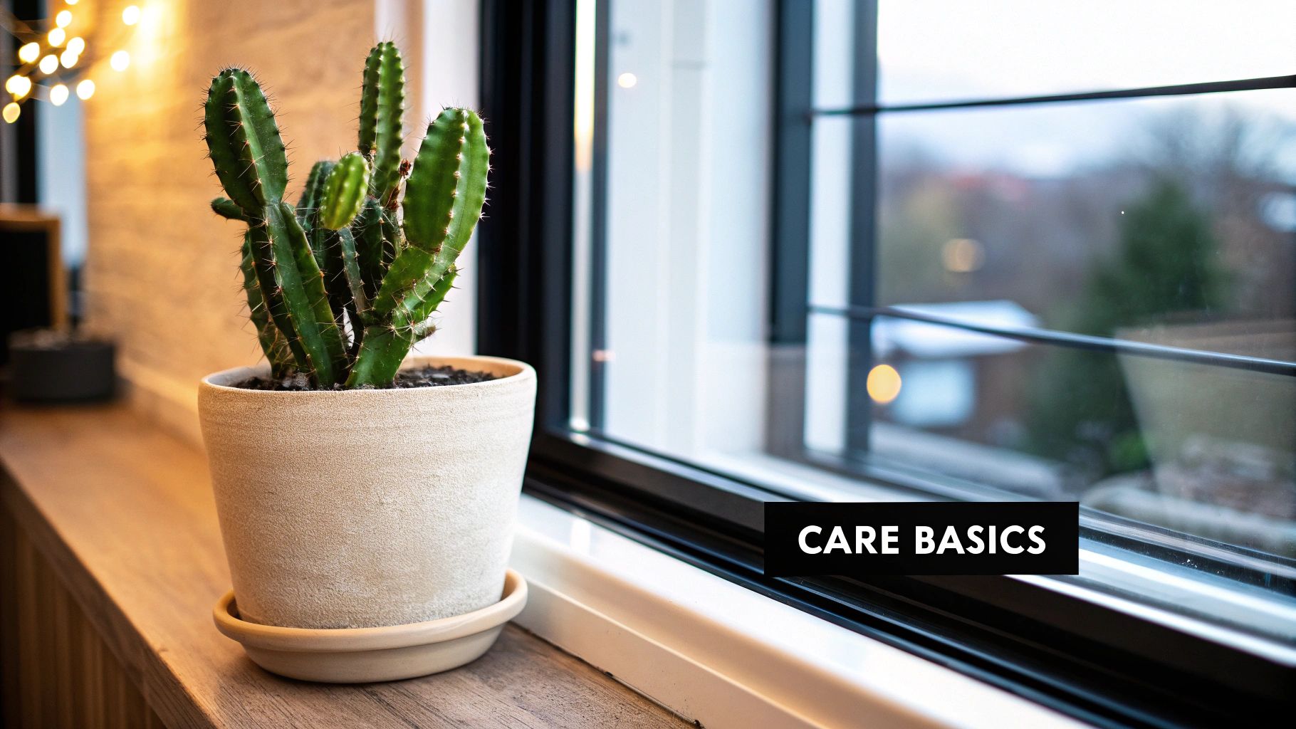 A vibrant green potted cactus on a wooden windowsill with a blurred outdoor view and cozy fairy lights.
