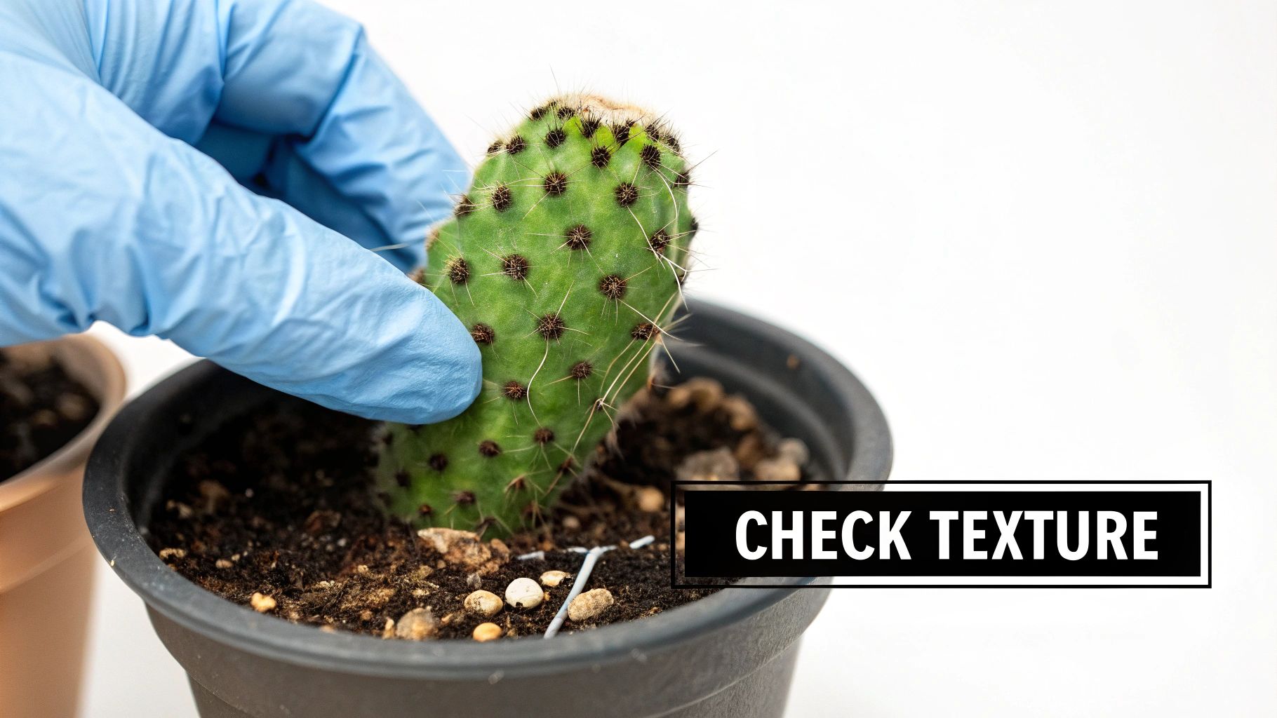 A person inspecting the roots of a small cactus that has turned black at the base.