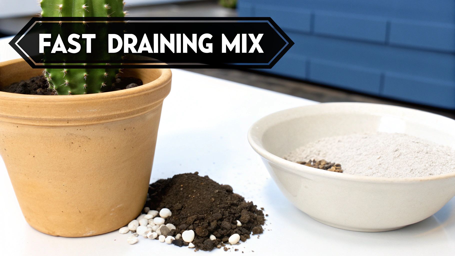 A potted cactus sits beside piles of dark soil mix and white pebbles, with a bowl of light powder and granules, illustrating a fast draining mix.