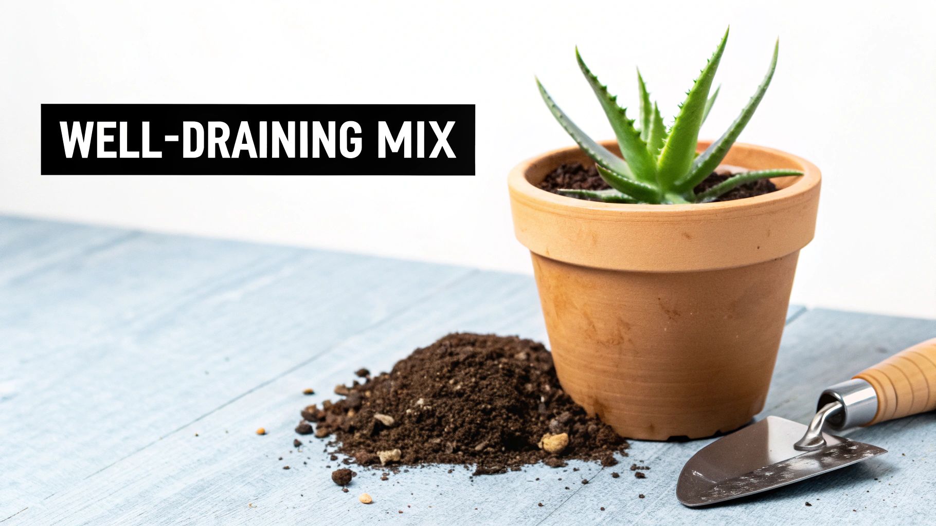 An aloe vera plant in a terracotta pot with a pile of soil, a trowel, and text 'WELL-DRAINING MIX'.