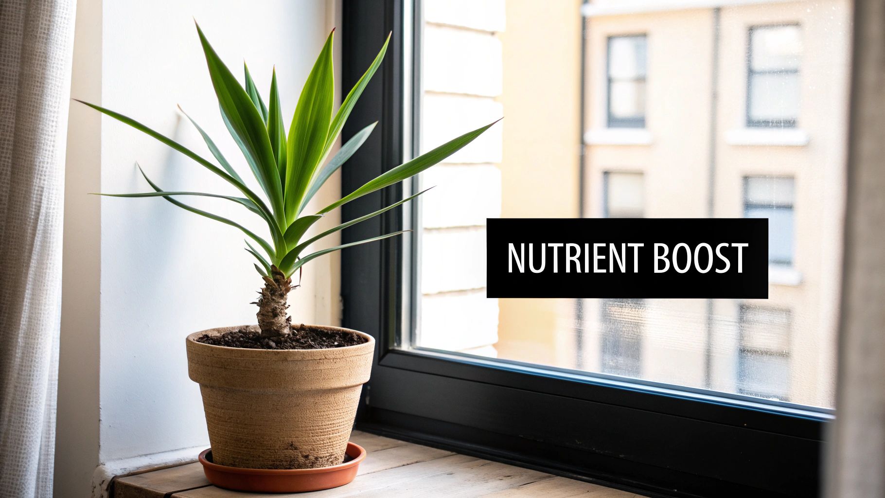 A vibrant potted yucca plant sits on a wooden windowsill with 'NUTRIENT BOOST' text.