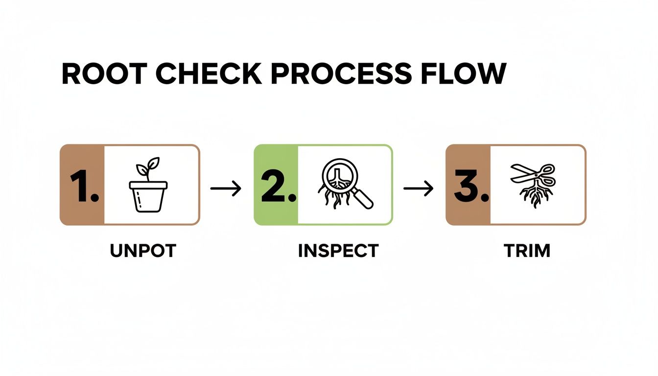 A three-step root check process flow for plants: unpot, inspect with a magnifying glass, and trim.