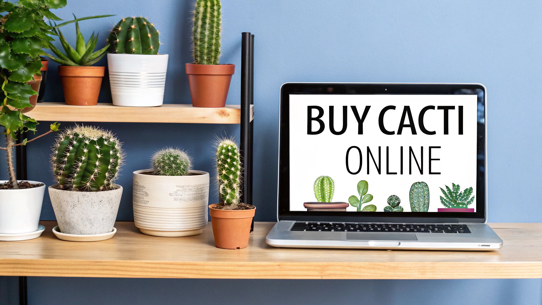 A laptop on a wooden shelf displaying 'BUY CACTI ONLINE' surrounded by various potted cacti.