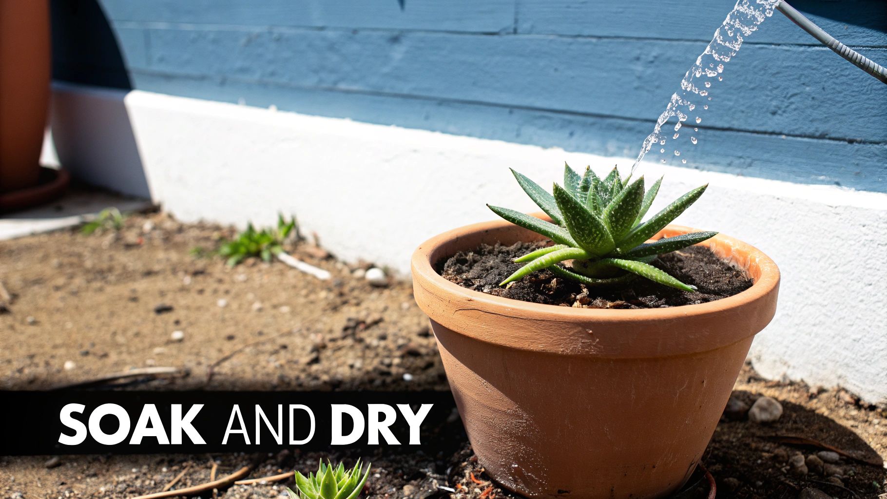A stream of water irrigates a green succulent plant in a brown terracotta pot outdoors, illustrating plant care.