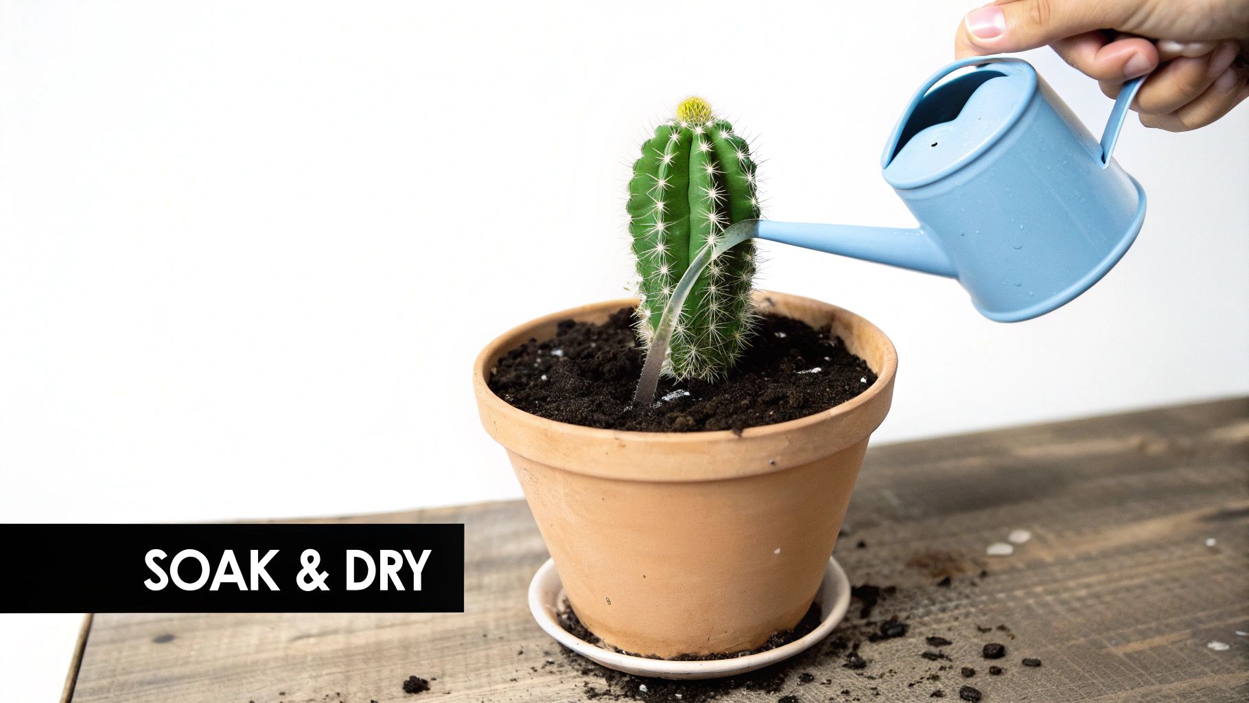 A person watering a small indoor cactus with a watering can