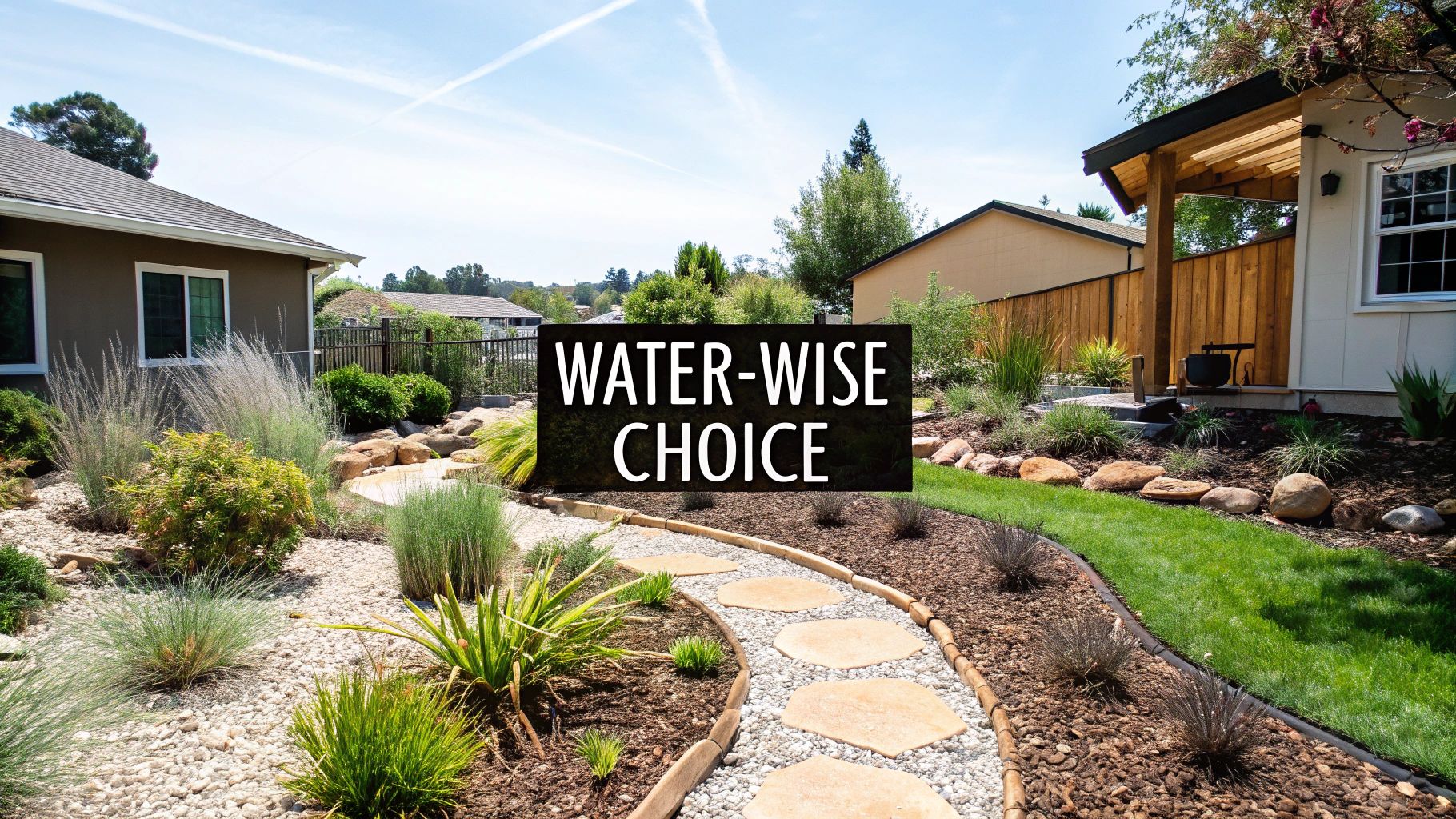 A vibrant drought-tolerant garden featuring succulents, grasses, and colorful flowers.