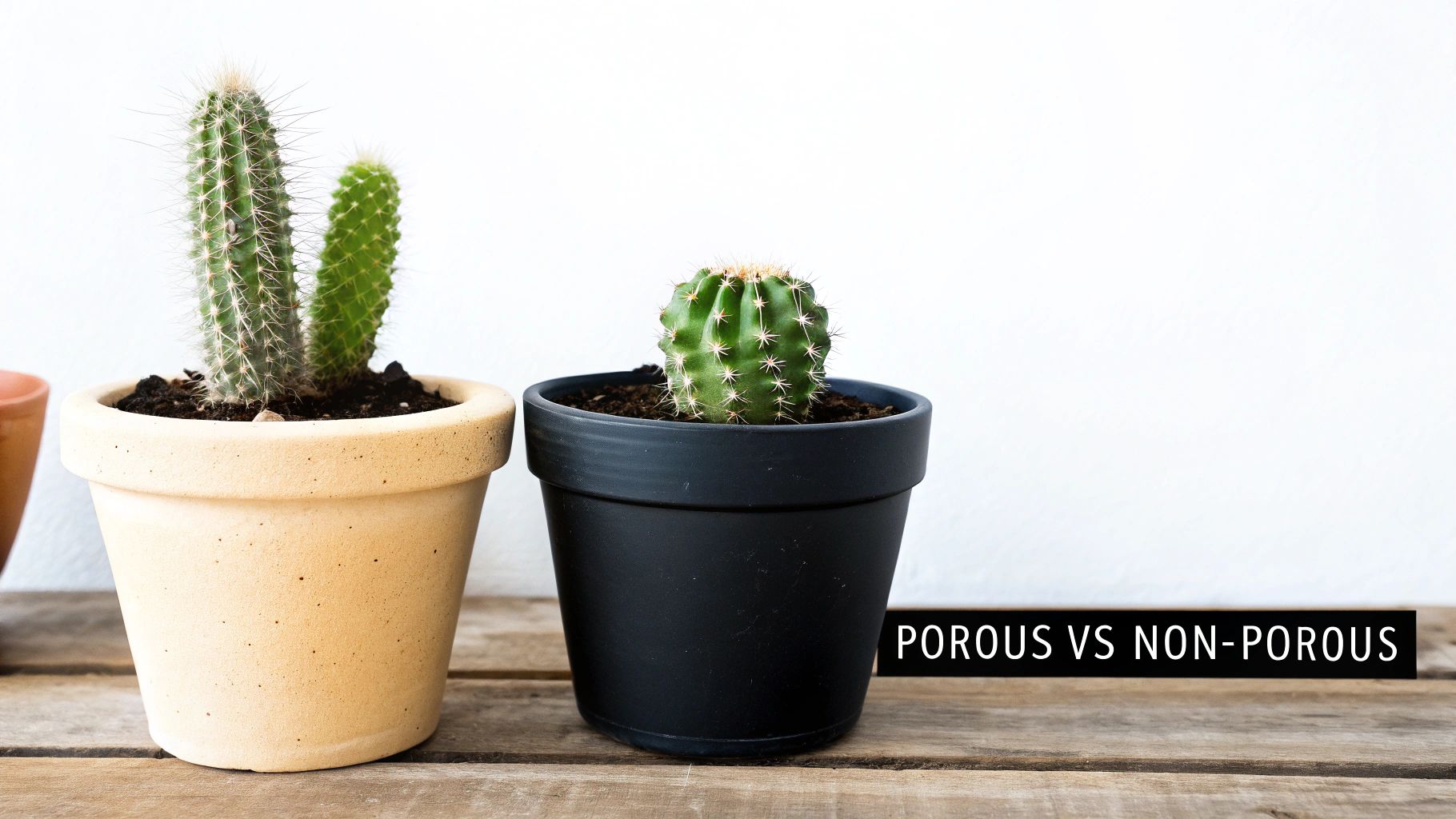 Two cacti in pots on a wooden table, illustrating porous beige and non-porous black pot types.