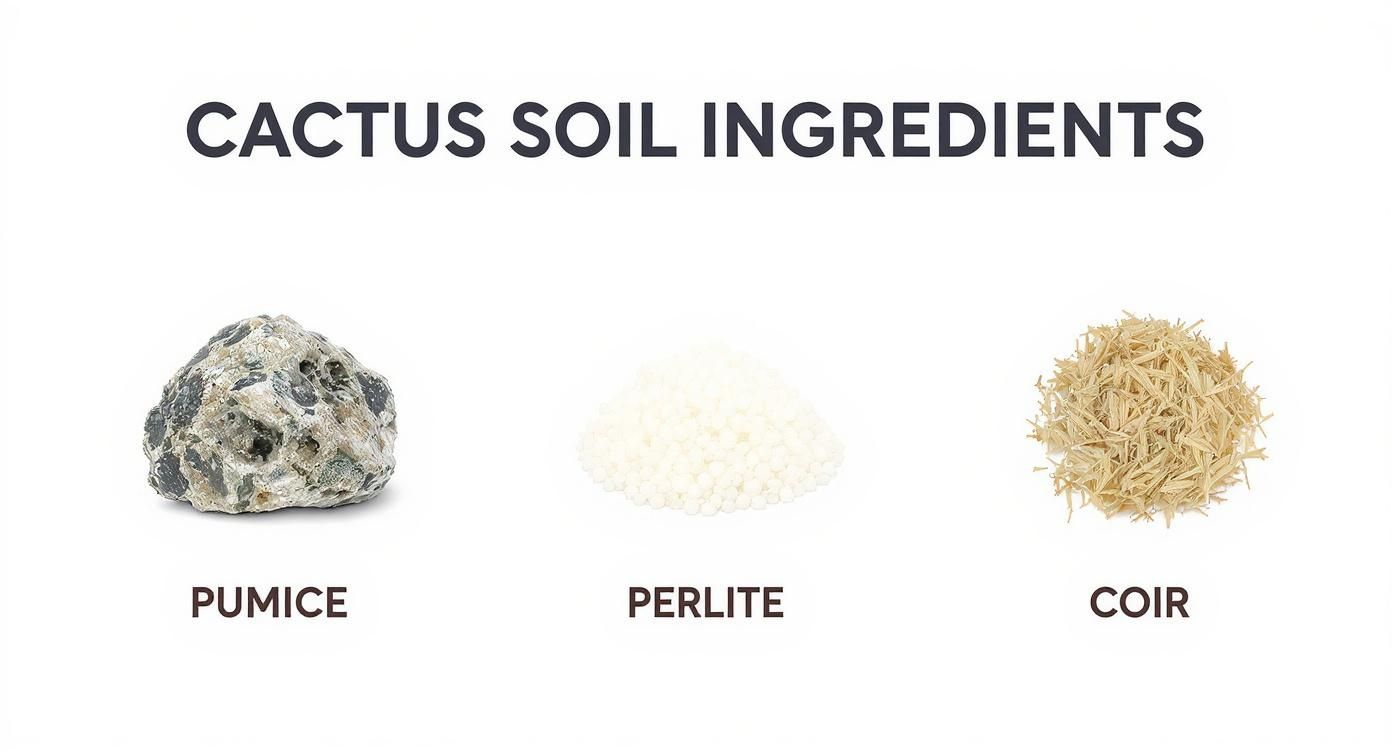 Three cactus soil ingredients: pumice rock, white perlite, and coir fiber on a white background.