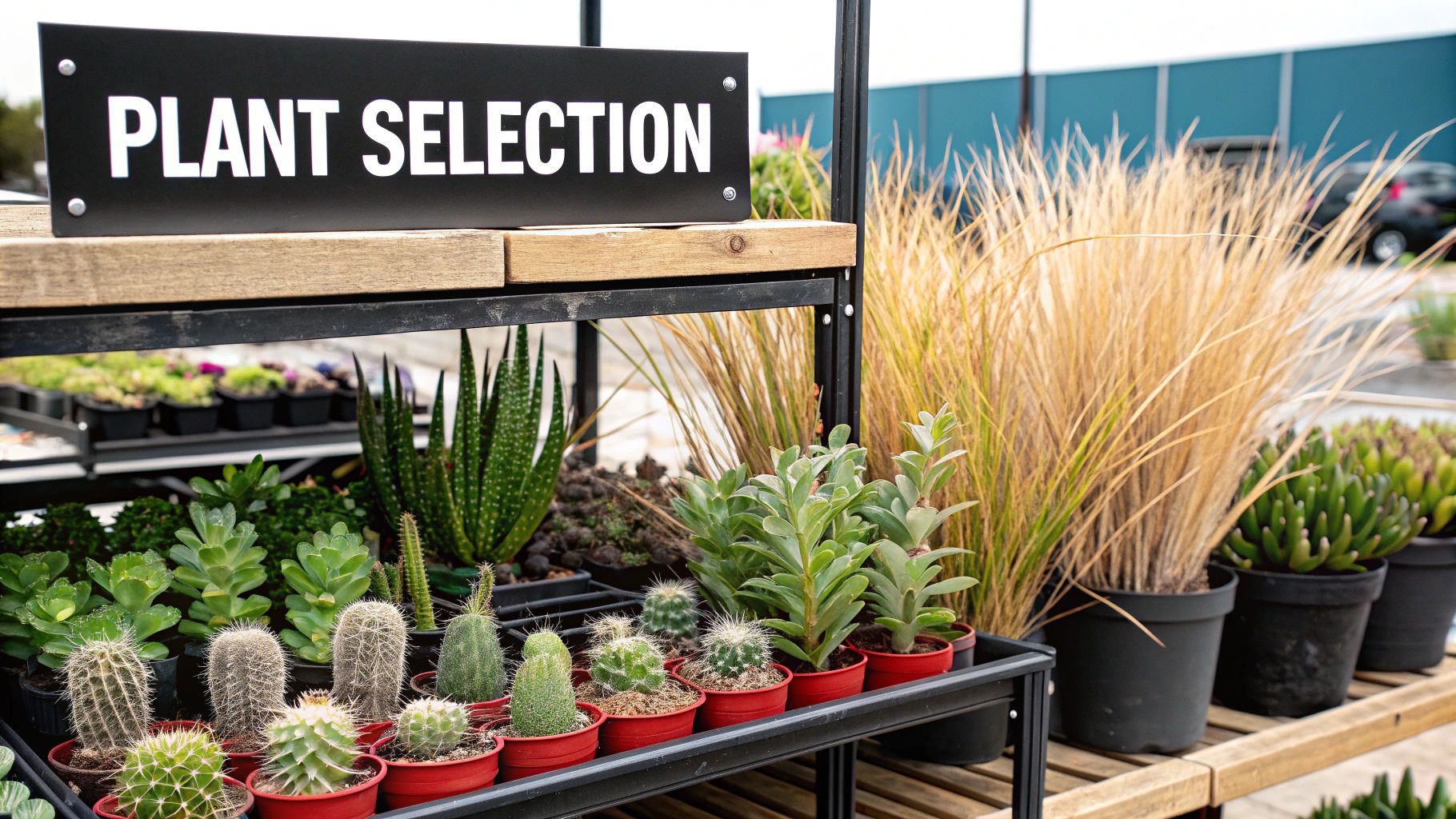 A person choosing drought tolerant landscaping plants at a nursery.