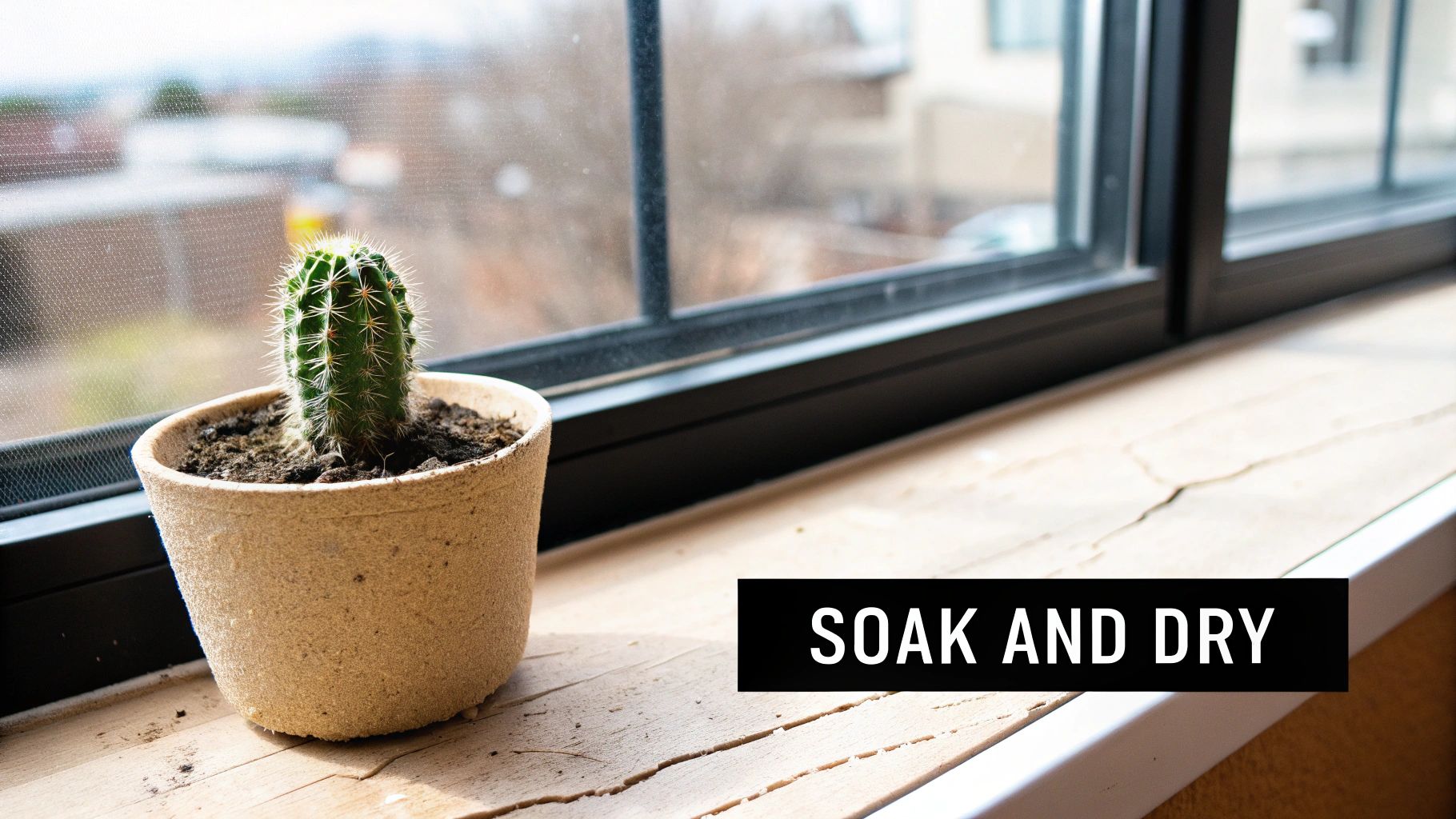 A person watering a small cactus in a terracotta pot with a small watering can.