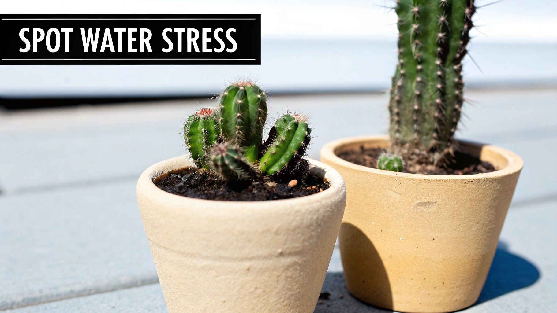 Potted cacti in terracotta pots demonstrating spot water stress on outdoor surface