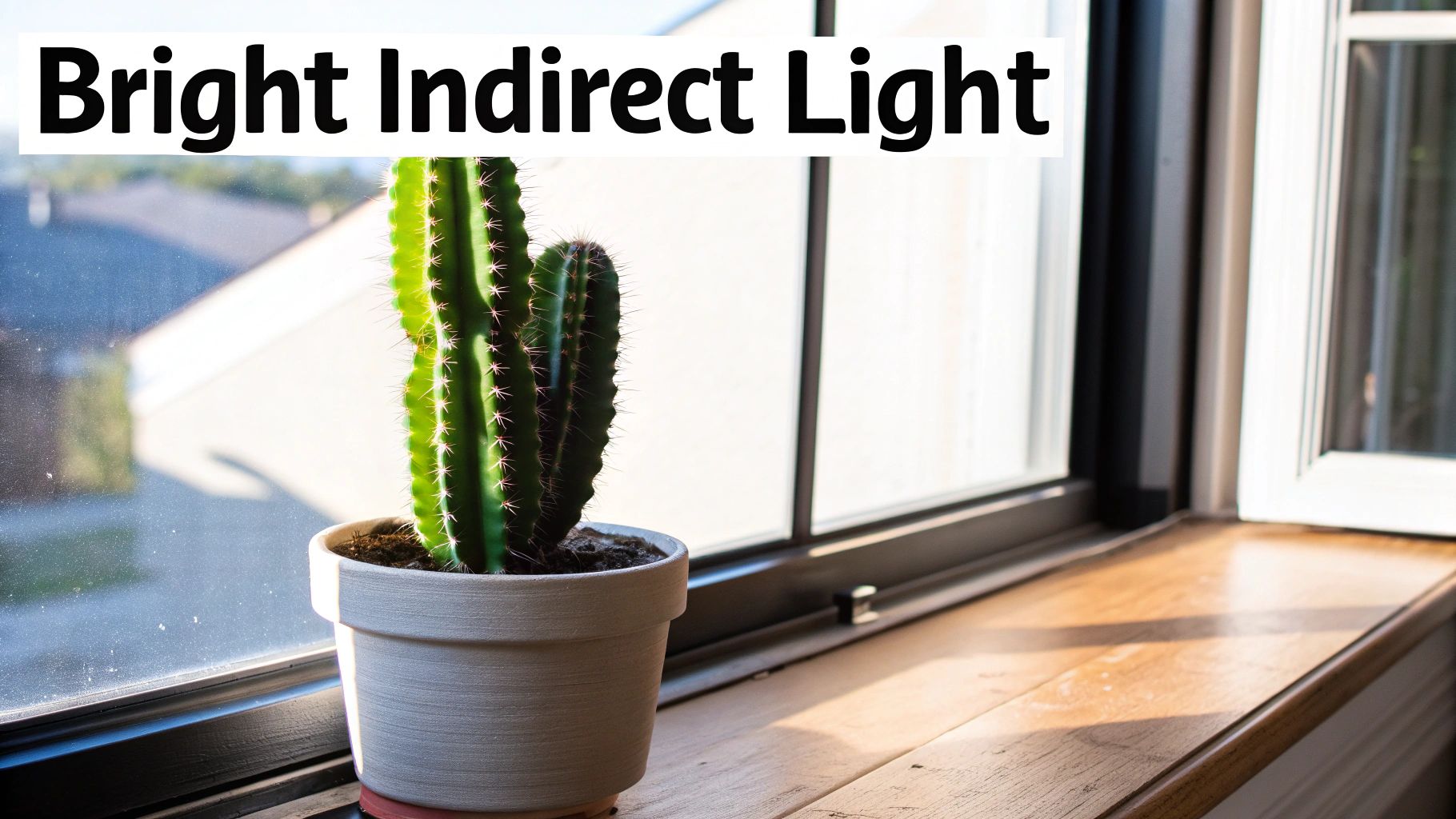 A Christmas cactus sitting on a windowsill with bright, indirect light filtering through.