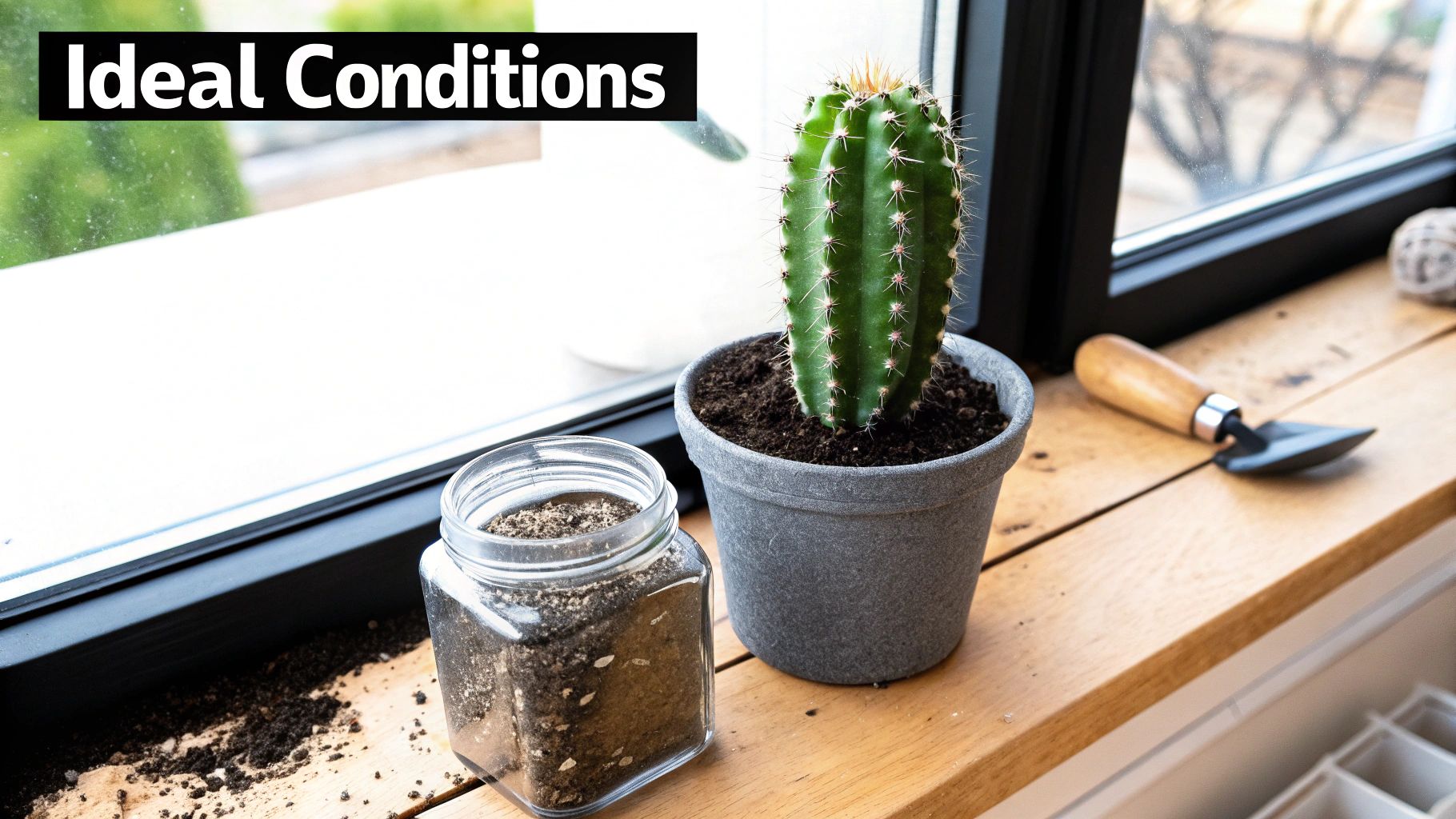 A vibrant green cactus in a gray pot sits on a wooden windowsill with a jar of soil and a trowel.