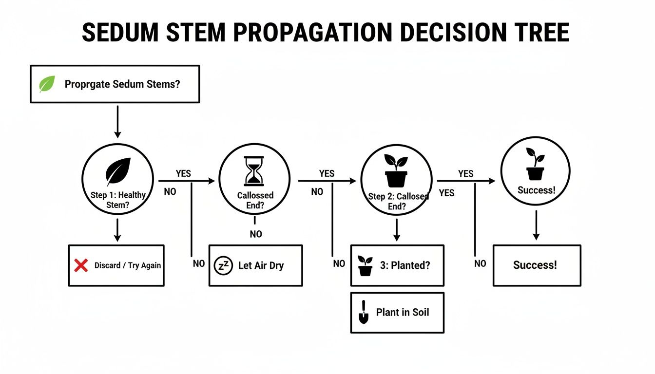 Decision tree flowchart guiding sedum stem propagation steps, from healthy stem to successful planting.