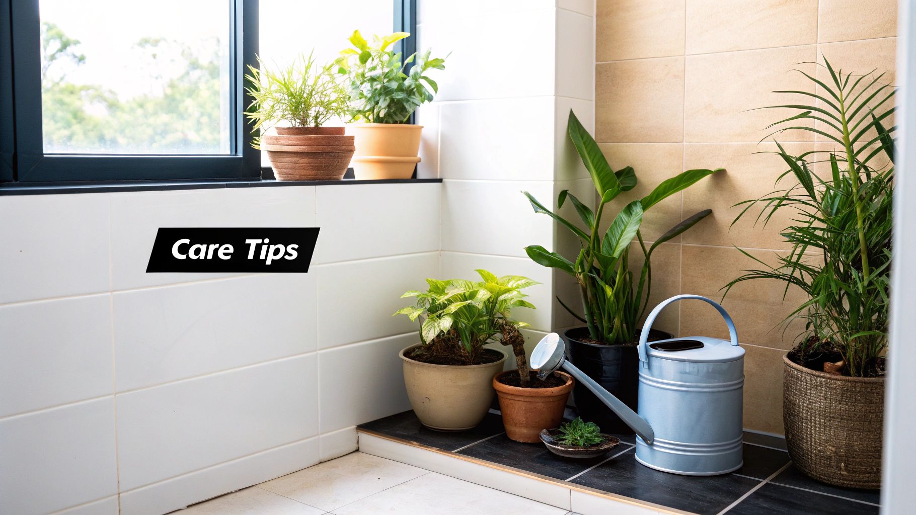 A person watering a lush, green plant in a well-lit bathroom.
