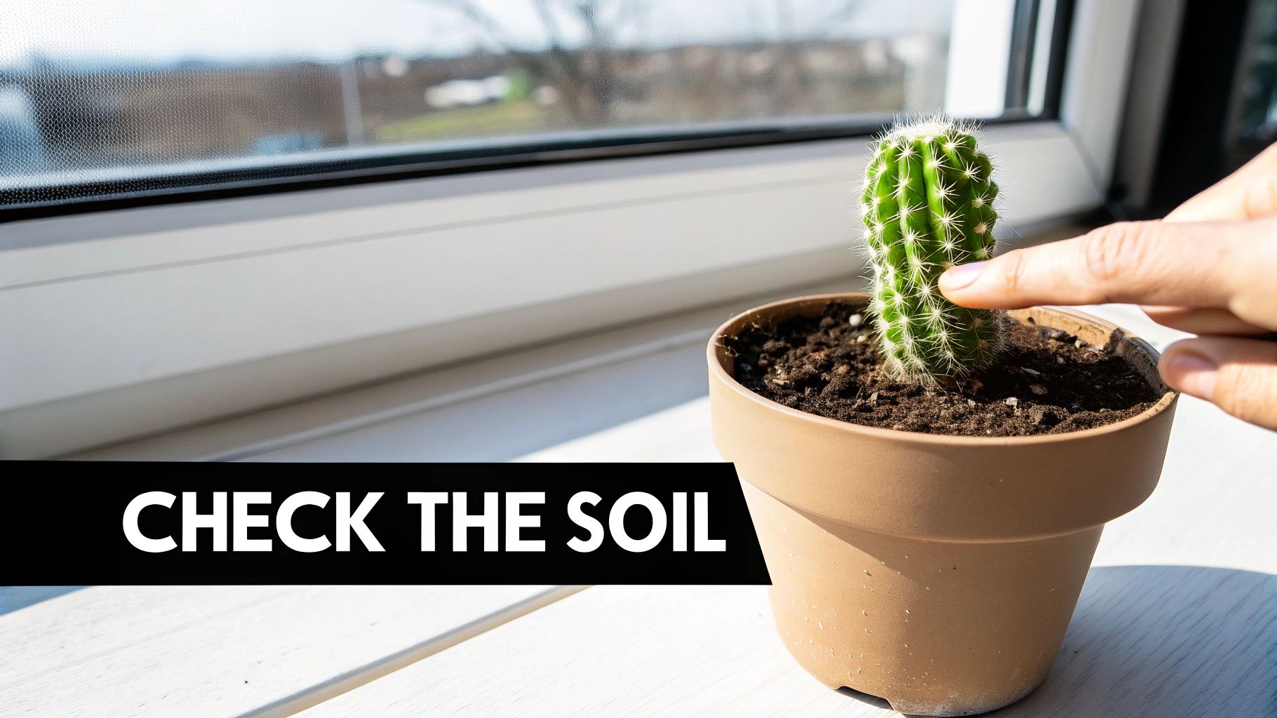 A person watering a small cactus in a minimalist white pot.