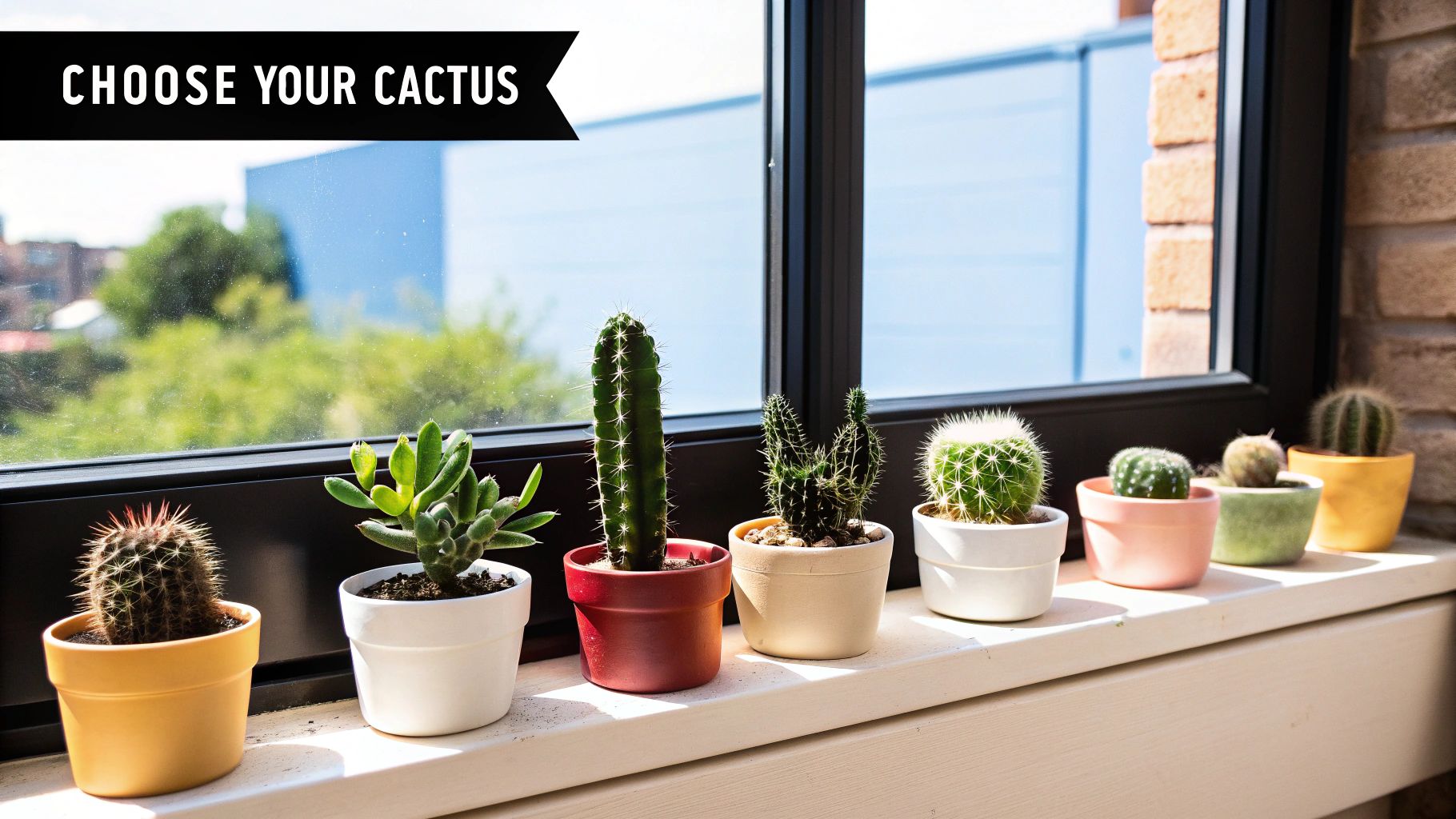 Several small, healthy cacti in pots displayed in a bright, sunlit area.