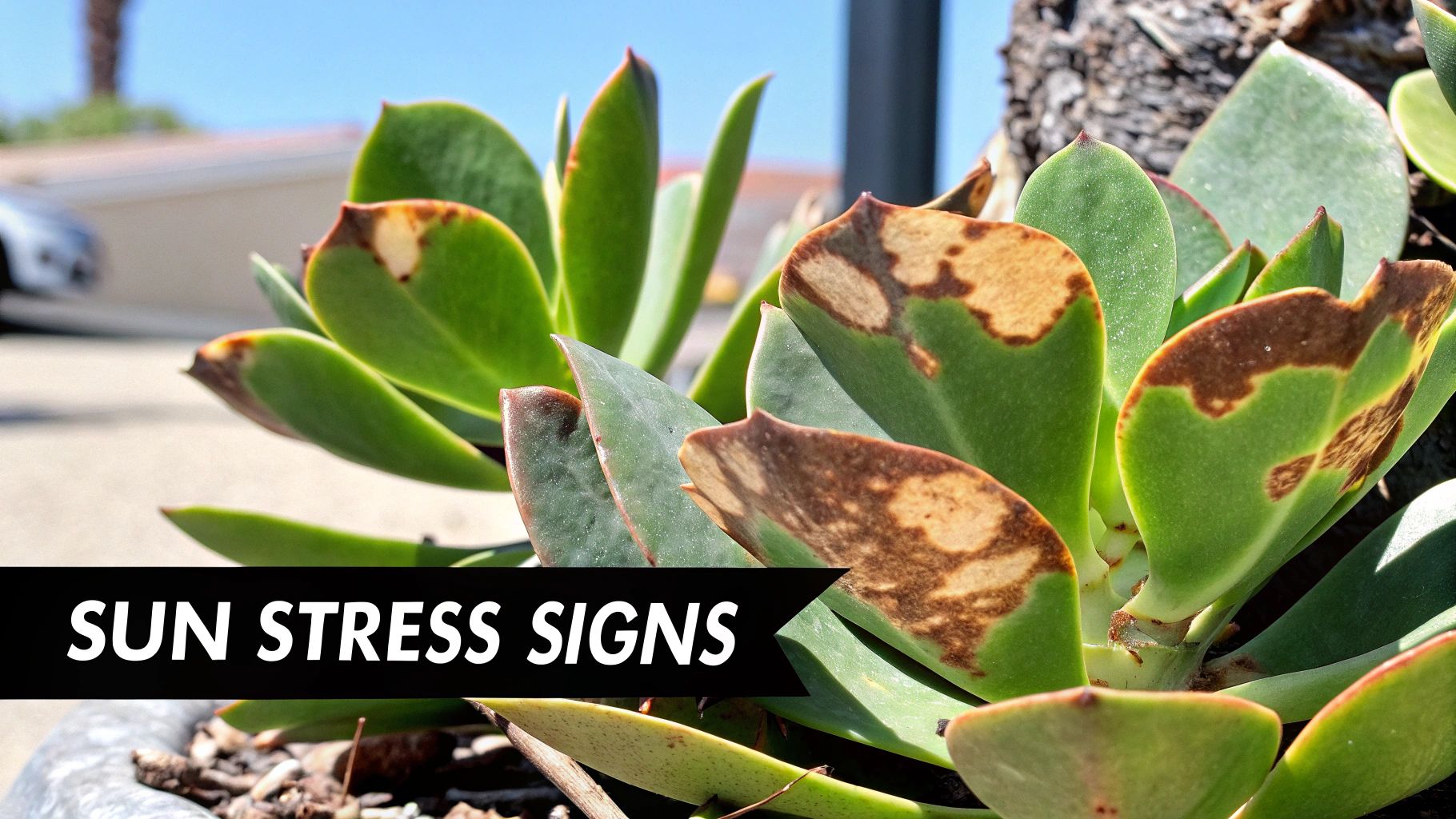 Green succulent leaves with brown, burnt patches, illustrating the clear signs of sun stress damage.