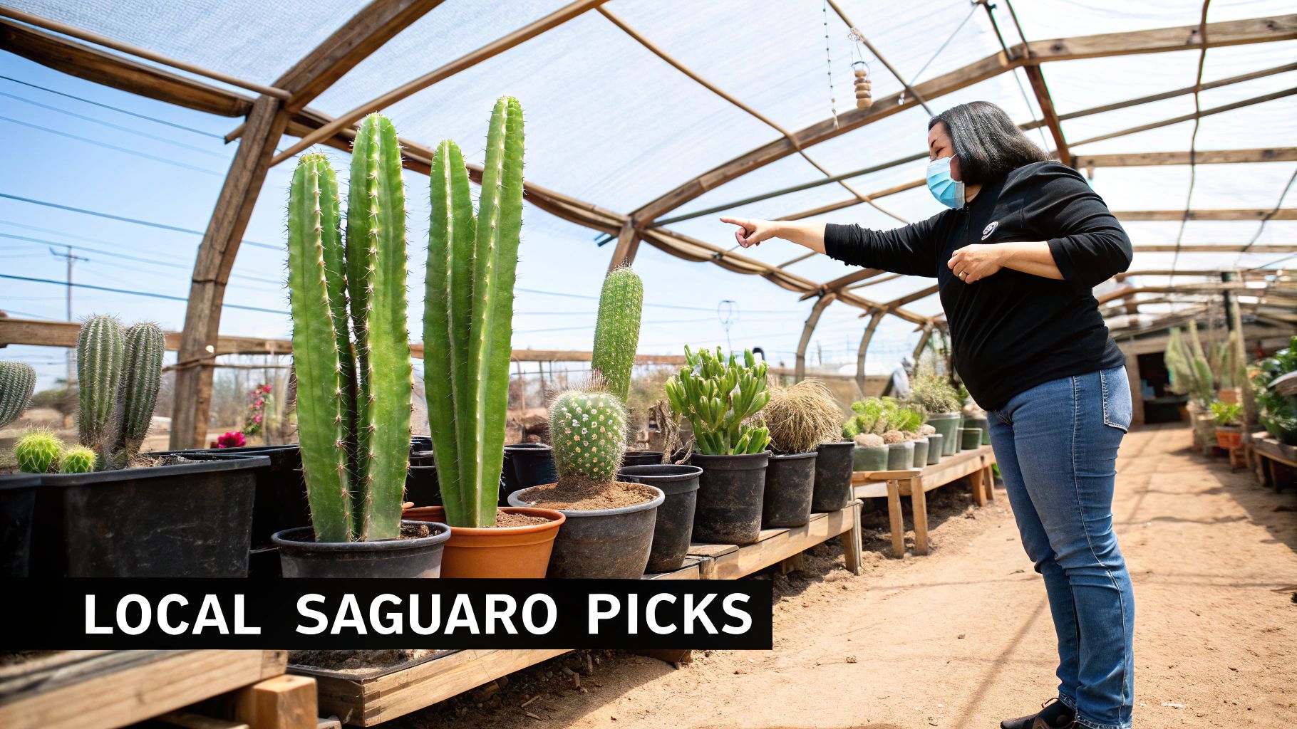 A close-up view of several small to medium-sized saguaro cacti in pots at an outdoor nursery.