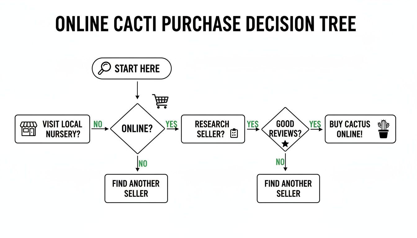 A flowchart titled 'Online Cacti Purchase Decision Tree' guiding choices for buying cacti.