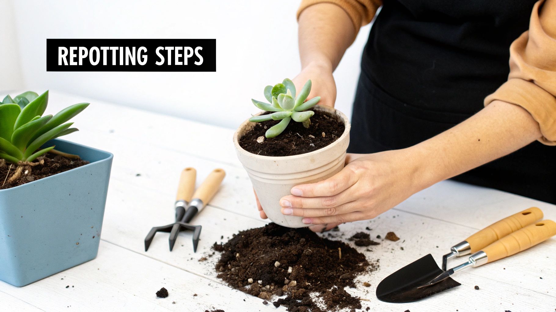 Hands holding a succulent pot over a pile of soil, with gardening tools nearby for repotting.