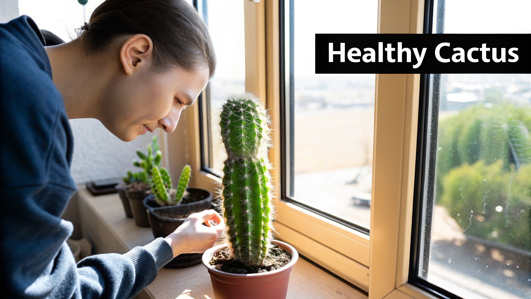 A person wearing gloves carefully takes a cutting from a large prickly pear cactus pad.