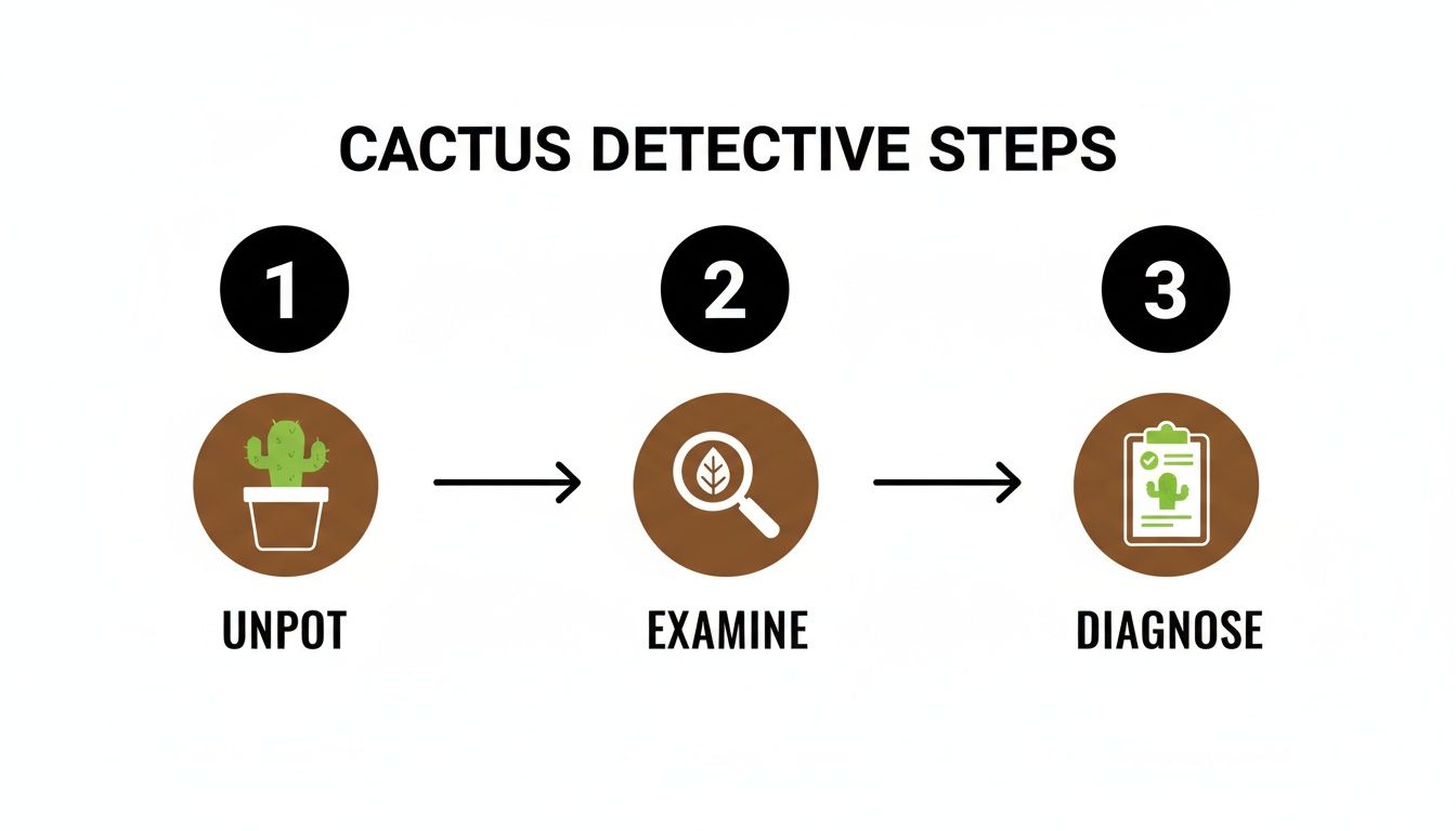A three-step guide: Unpot, examine, and diagnose your dying cactus plant.