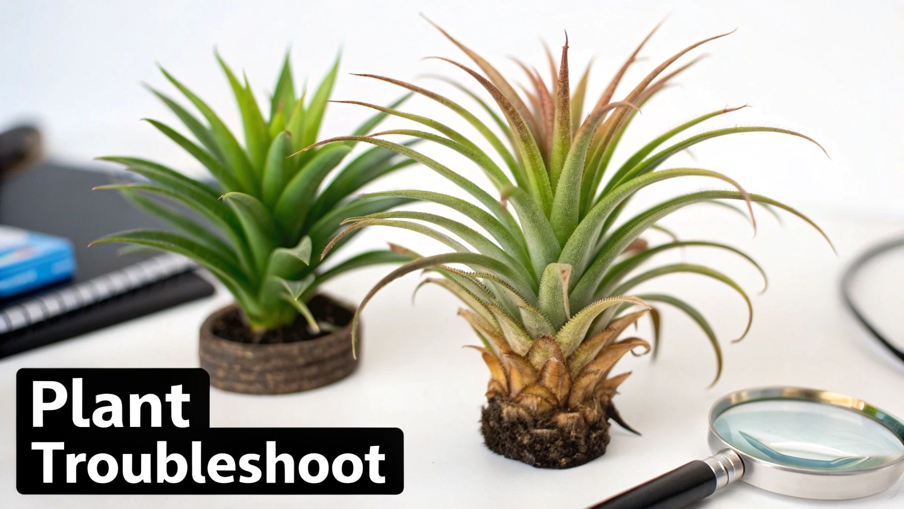 Two small green plants, an air plant and a potted plant, with a magnifying glass on a white desk.