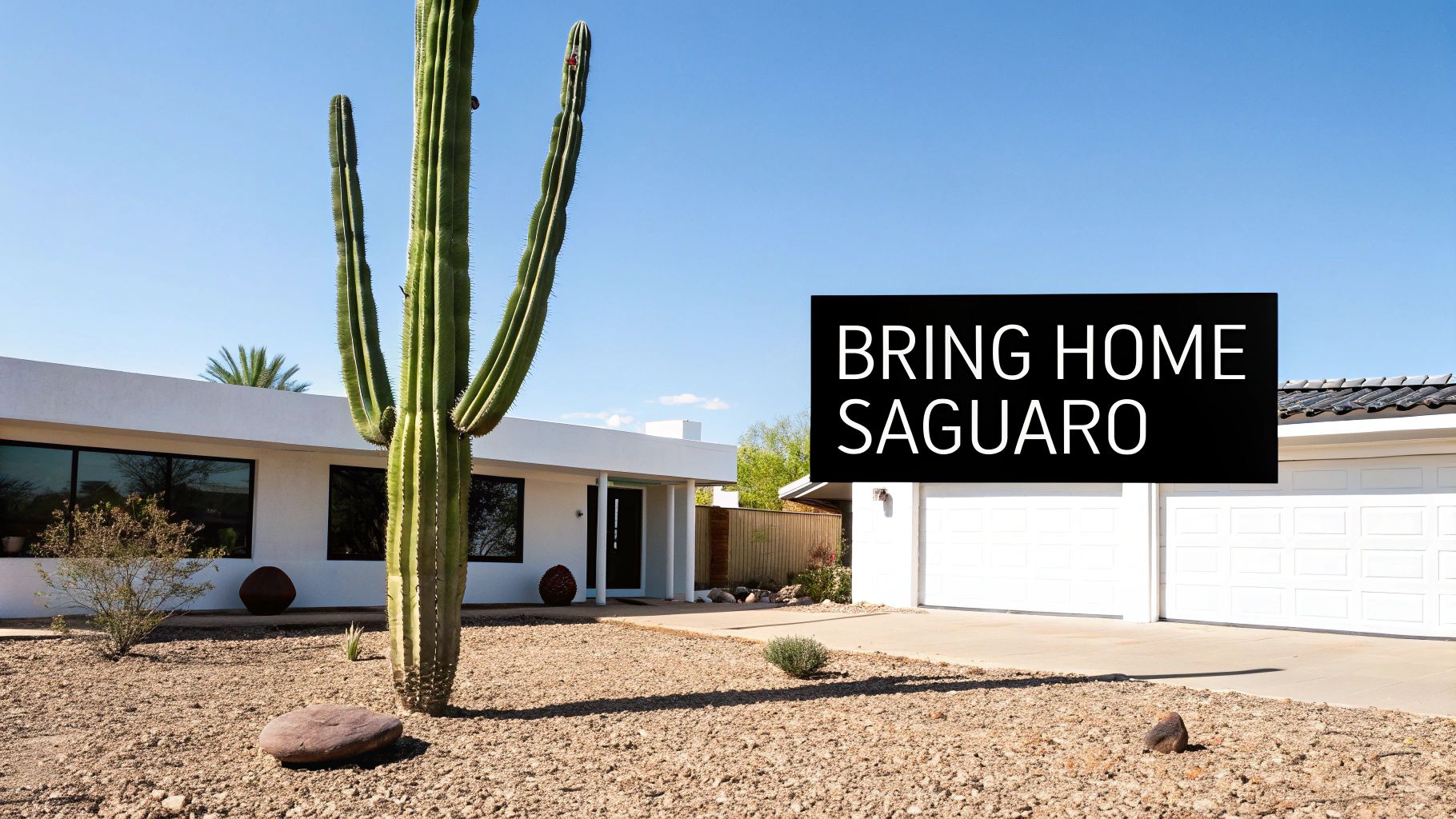 A large saguaro cactus stands in front of a modern white house, with a black sign 'BRING HOME SAGUARO'.