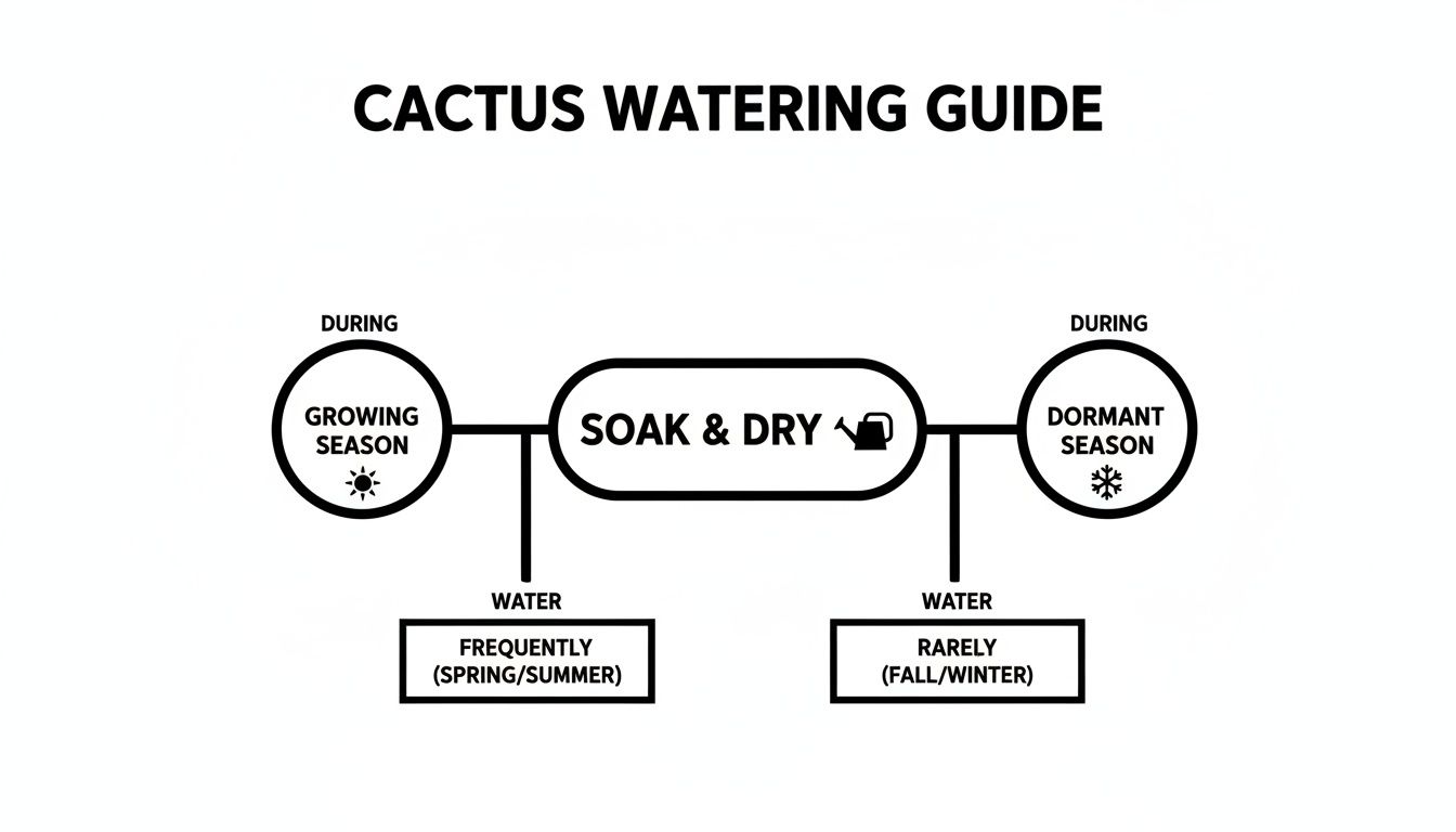 Cactus watering guide flowchart illustrating soak and dry method, frequent watering during growing season, and rare during dormant.