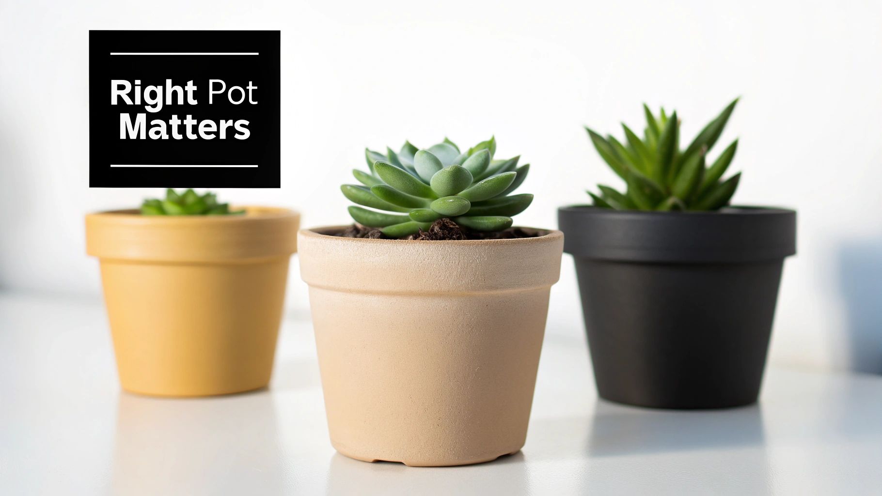 Three small green succulents are potted in yellow, beige, and black pots on a white surface.