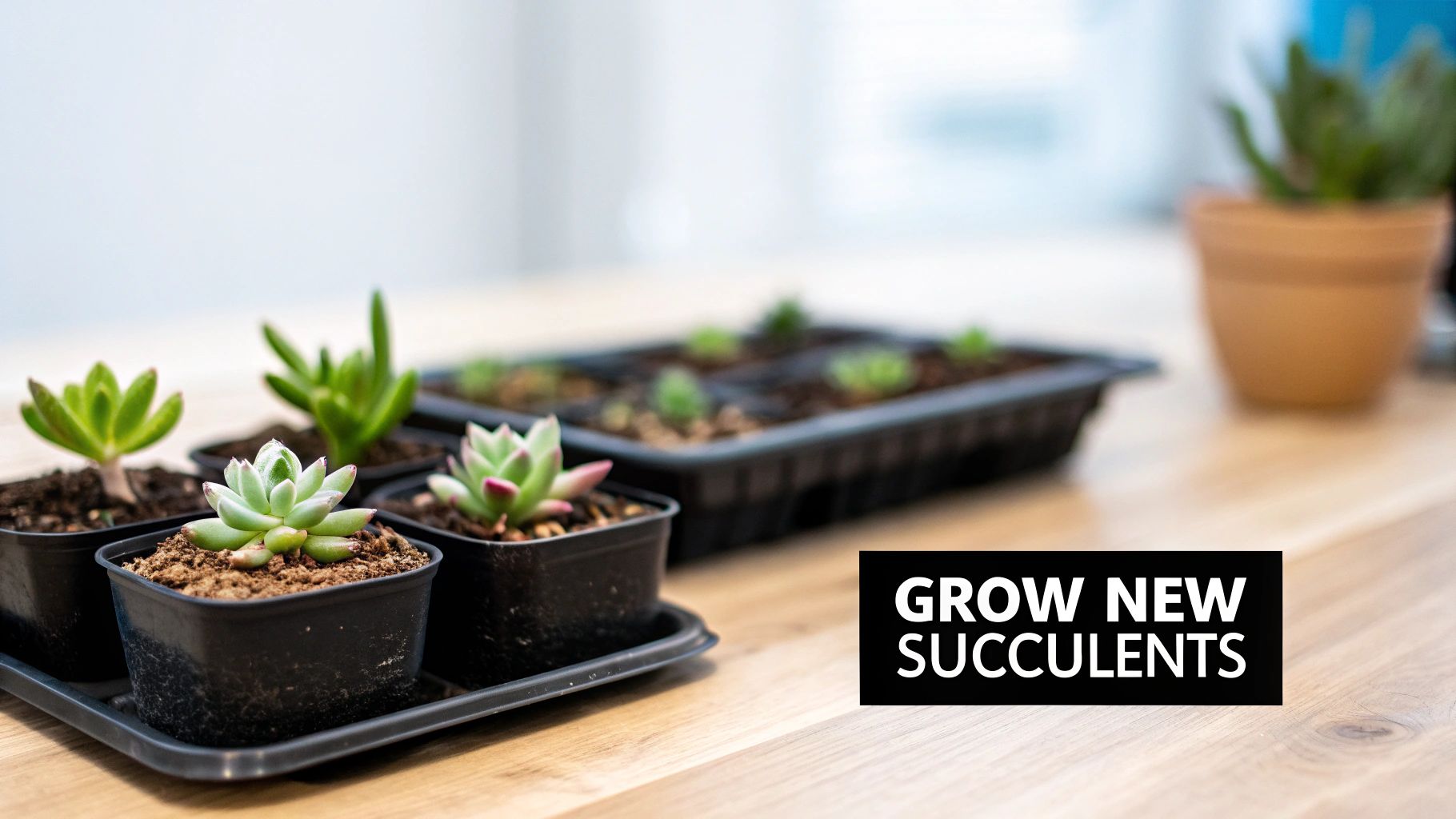 Close-up of small succulent plants in black pots on a wooden table, with more plants in the background.