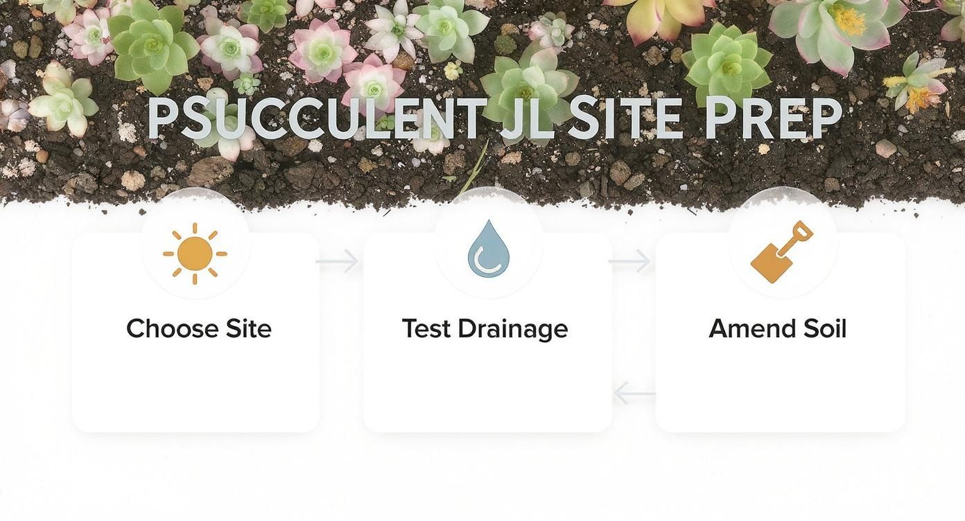 A step-by-step guide for succulent site preparation including choosing site, testing drainage, and amending soil.